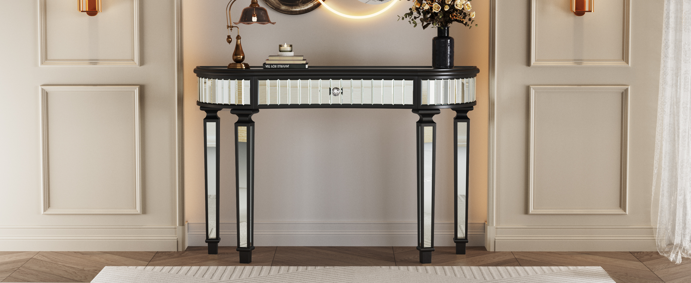 47" Half-Moon Mirrored Console Table with Fluted Glass & Crystal Knob Drawer - Silver Entryway Vanity Desk for Bedroom/Dressing Room