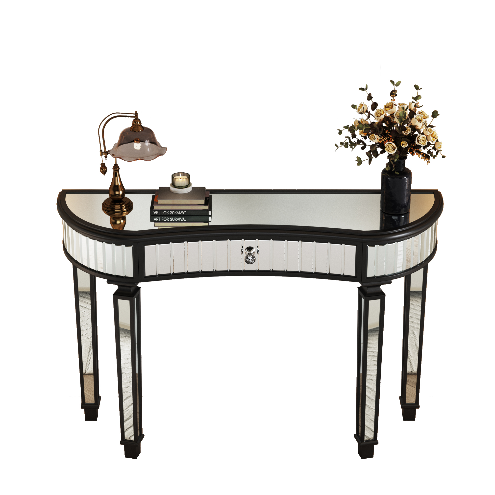 47" Half-Moon Mirrored Console Table with Fluted Glass & Crystal Knob Drawer - Silver Entryway Vanity Desk for Bedroom/Dressing Room