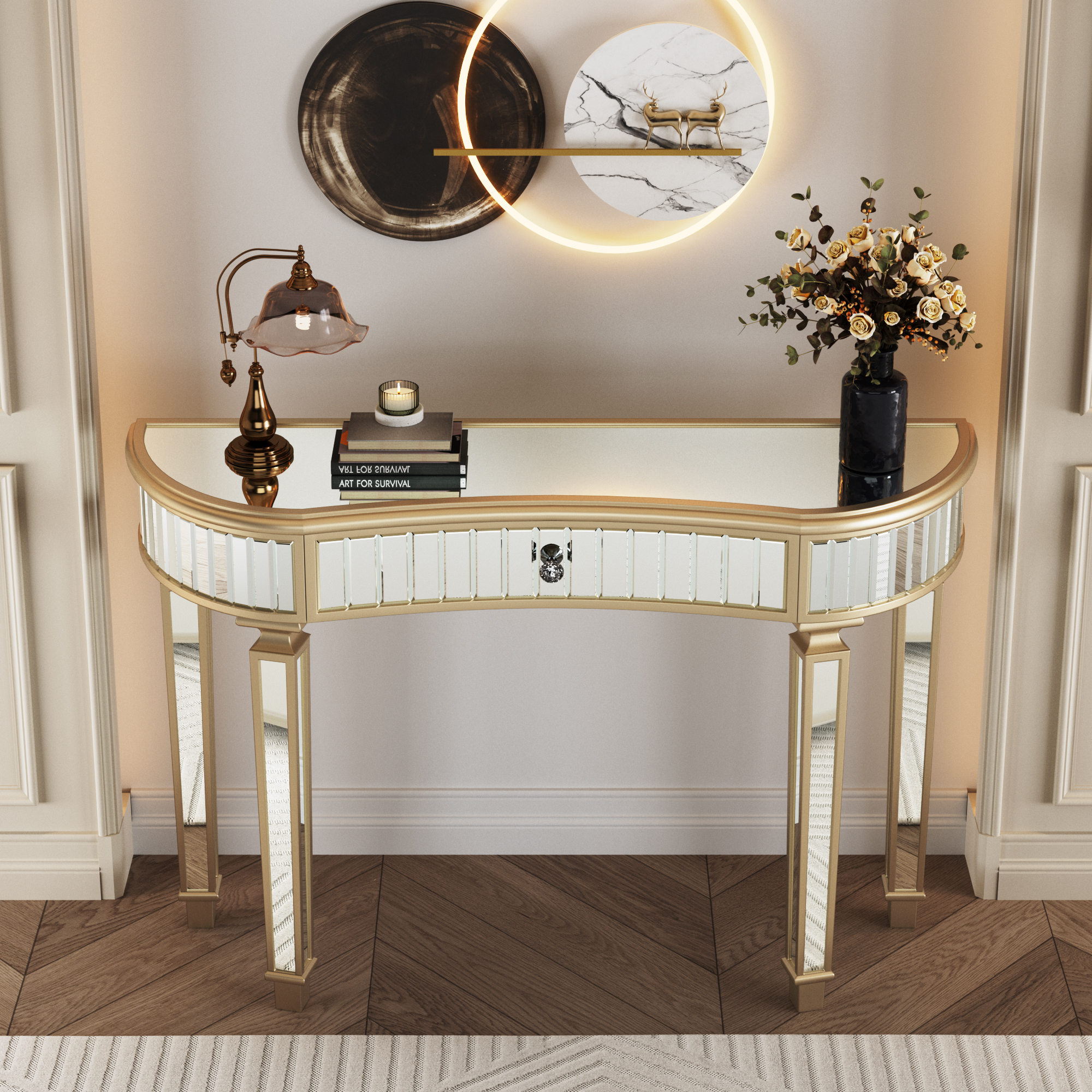 47" Half-Moon Mirrored Console Table with Fluted Glass & Crystal Knob Drawer - Silver Entryway Vanity Desk for Bedroom/Dressing Room