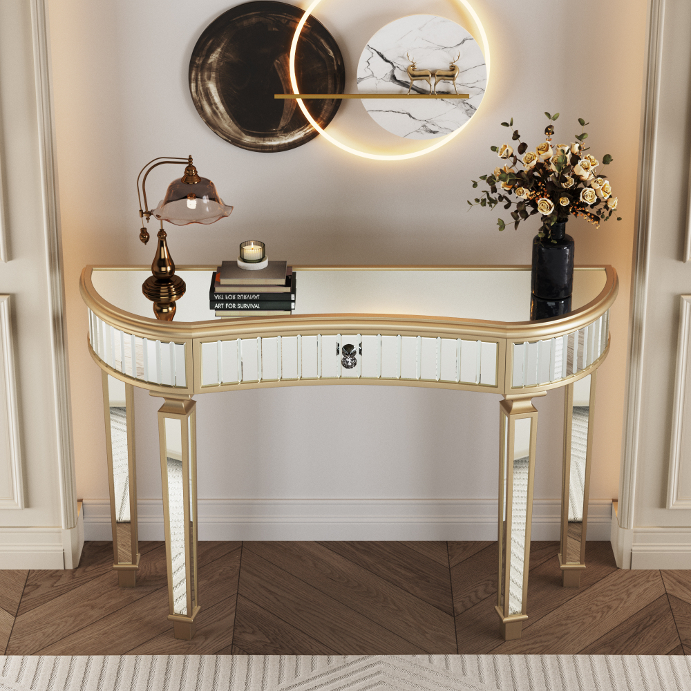 47" Half-Moon Mirrored Console Table with Fluted Glass & Crystal Knob Drawer - Silver Entryway Vanity Desk for Bedroom/Dressing Room