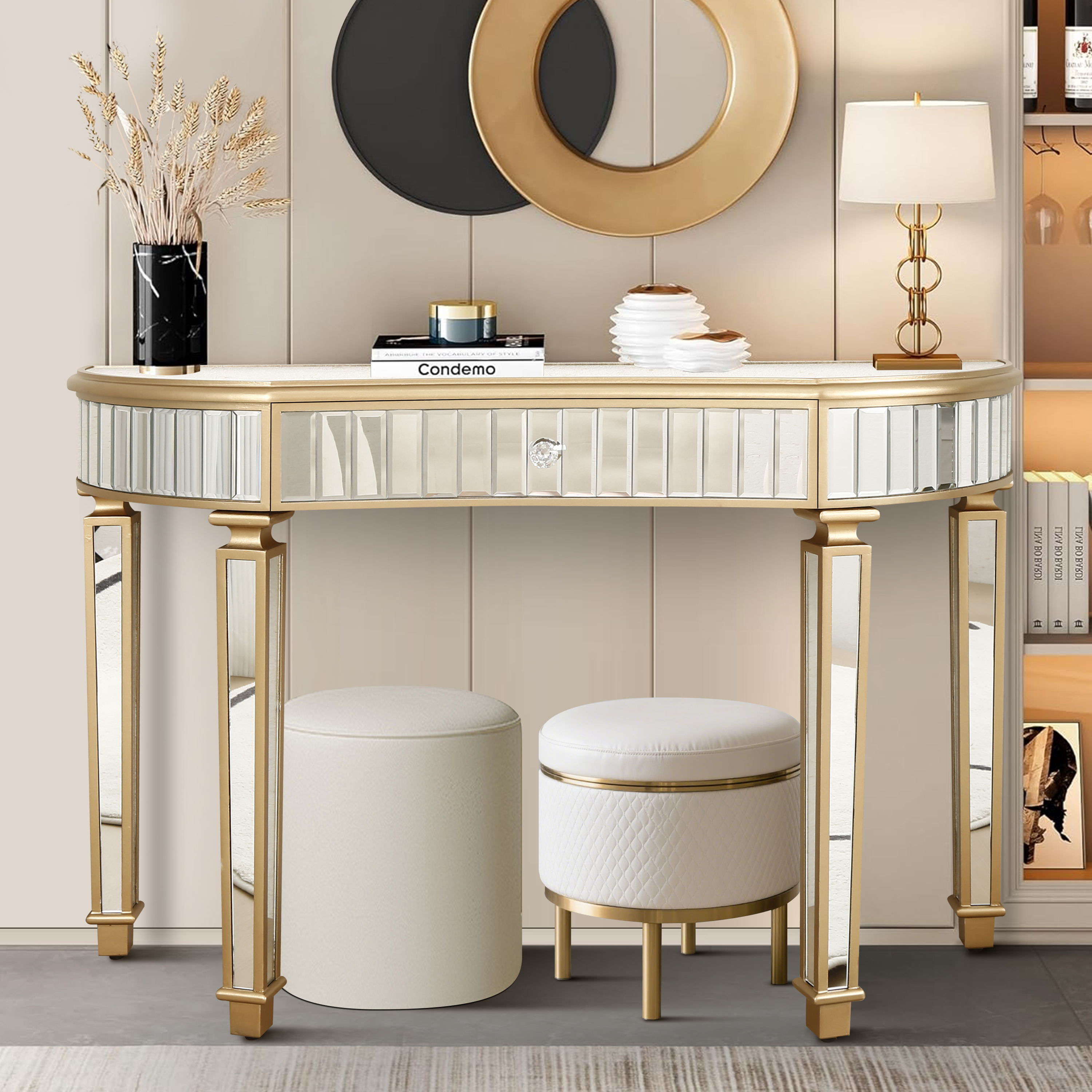 47" Half-Moon Mirrored Console Table with Fluted Glass & Crystal Knob Drawer - Silver Entryway Vanity Desk for Bedroom/Dressing Room