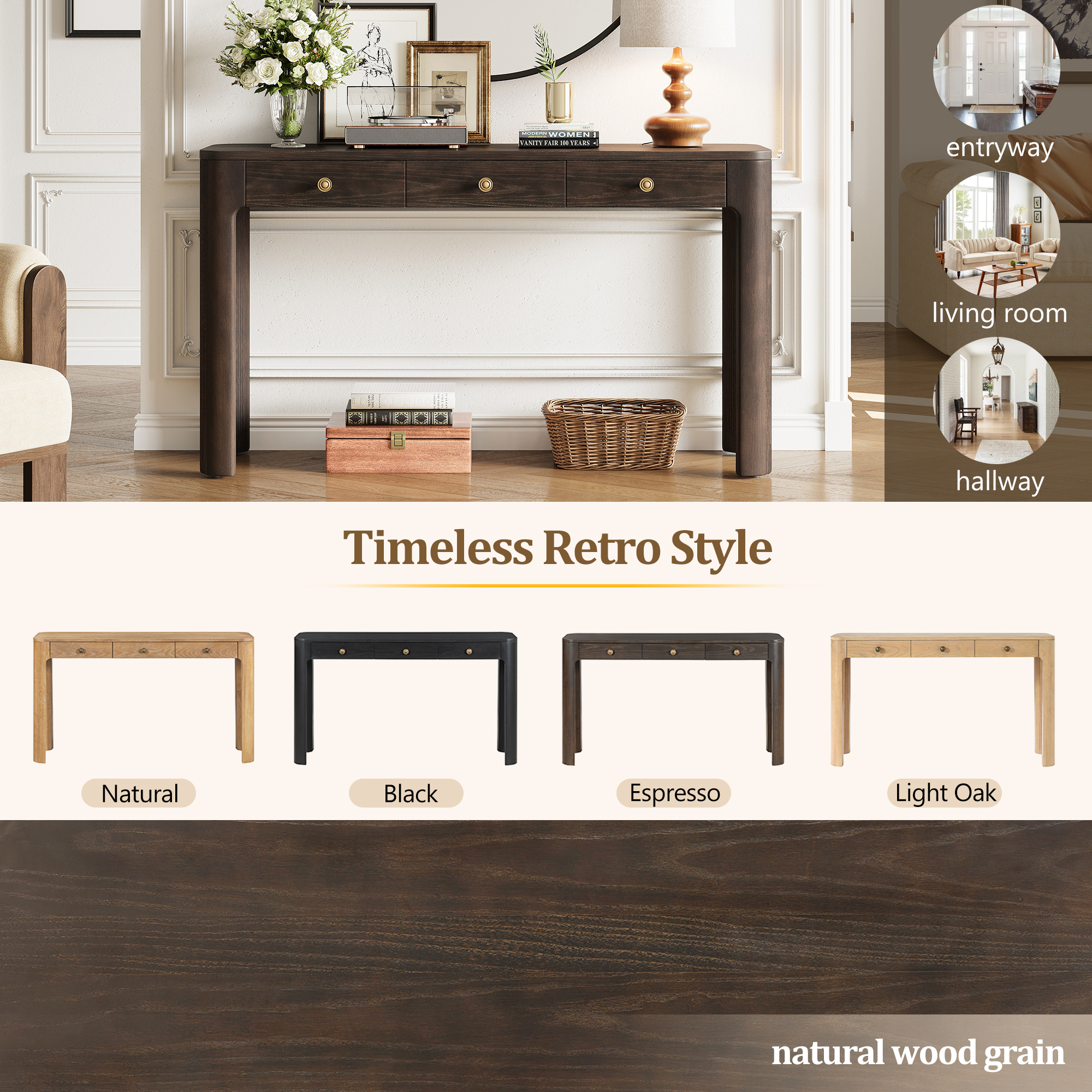 TREXM Rustic Console Table with Curved Corners for Safety, Entryway Table with 3 Concealed Drawers, Sturdy Sofa Table with Thick Legs for Hallway & Living Room