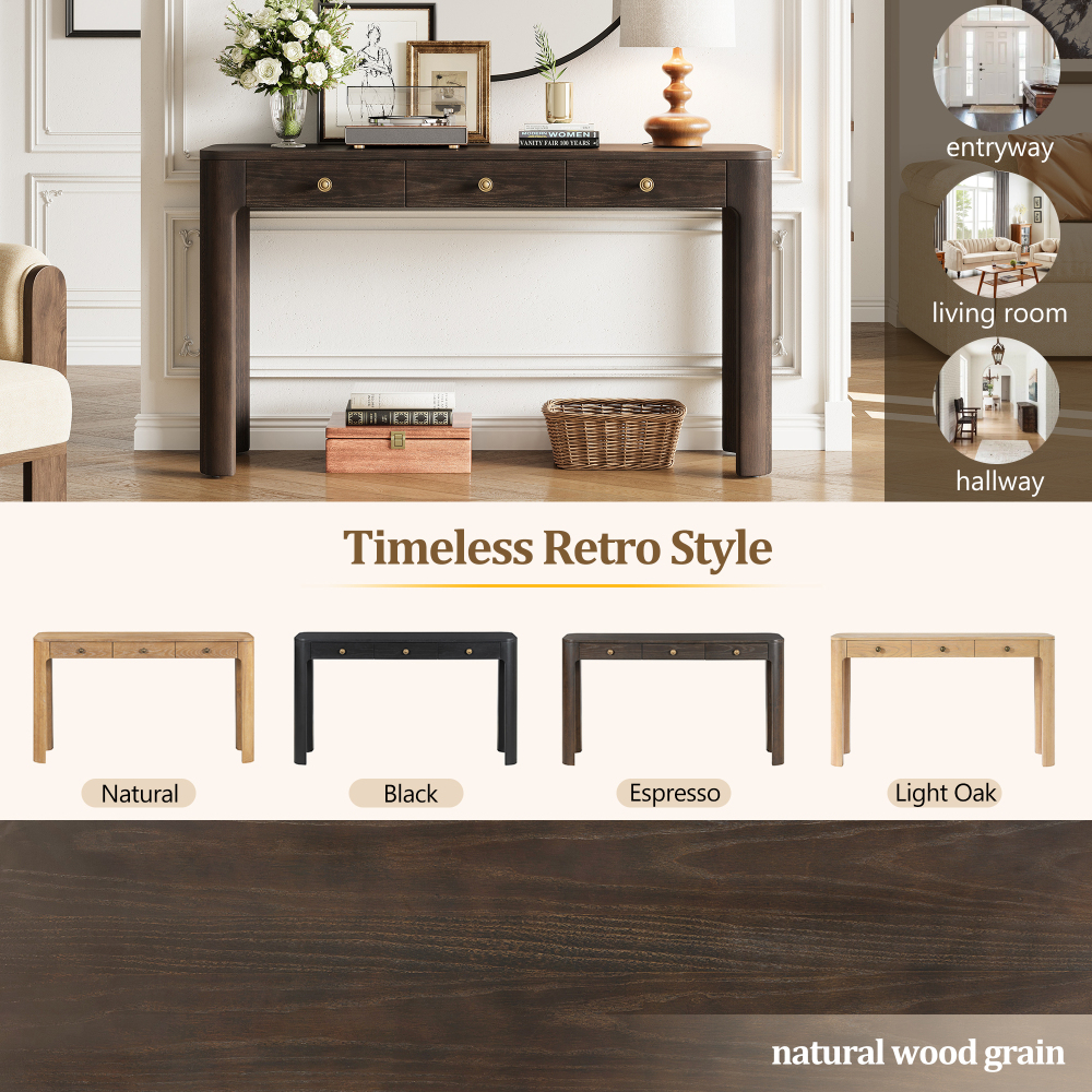 TREXM Rustic Console Table with Curved Corners for Safety, Entryway Table with 3 Concealed Drawers, Sturdy Sofa Table with Thick Legs for Hallway & Living Room