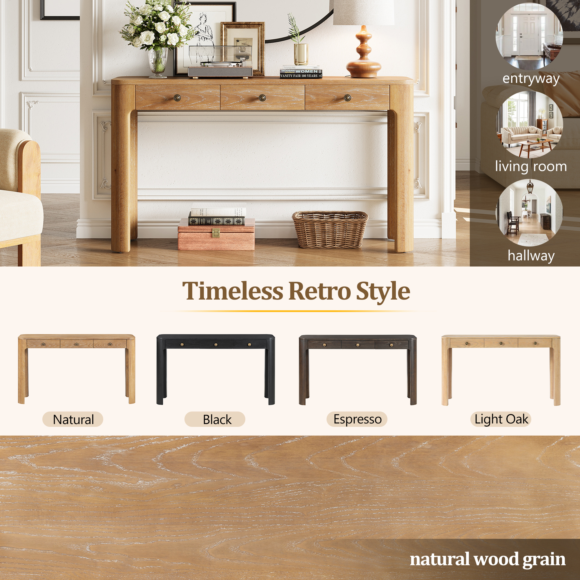 TREXM Rustic Console Table with Curved Corners for Safety, Entryway Table with 3 Concealed Drawers, Sturdy Sofa Table with Thick Legs for Hallway & Living Room