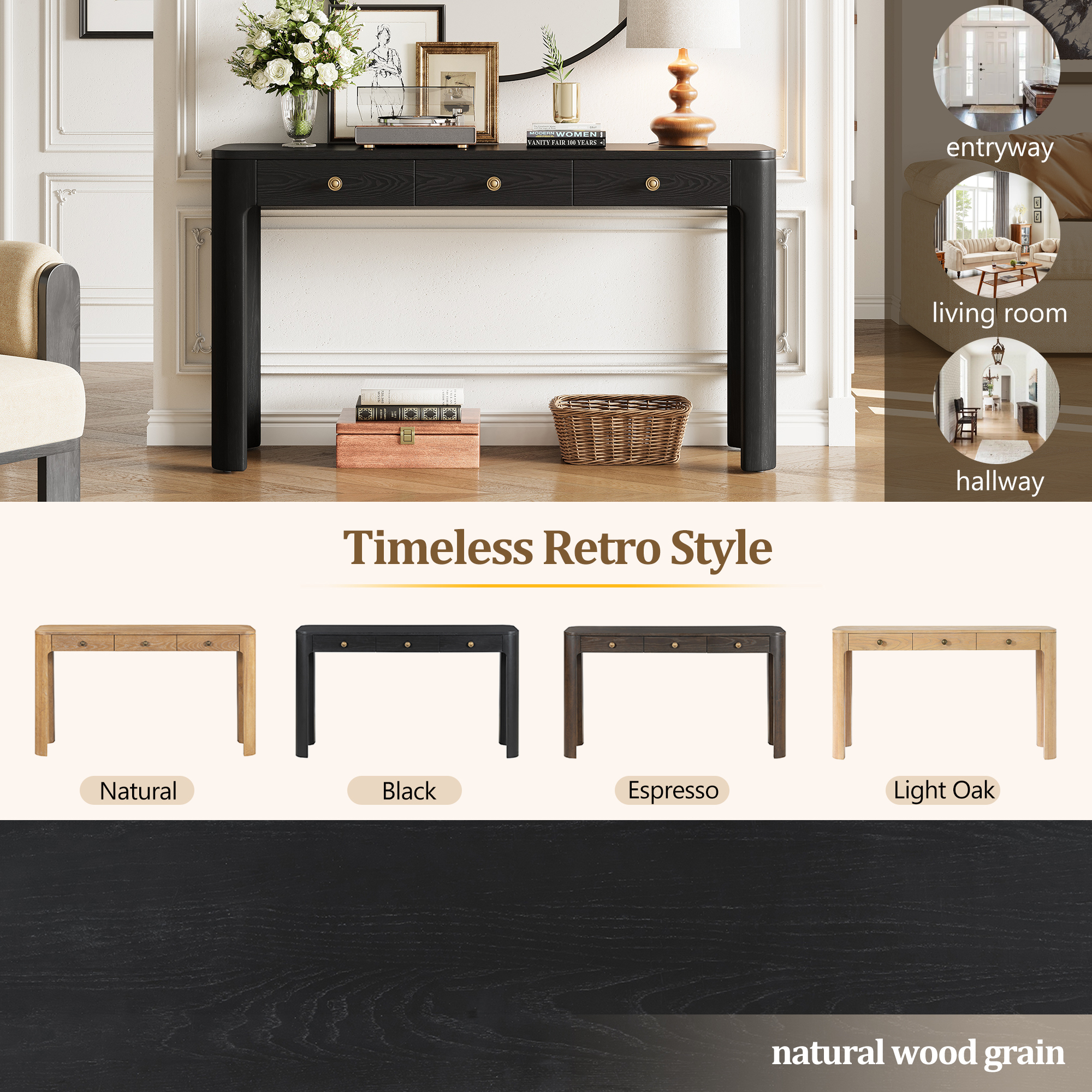 TREXM Rustic Console Table with Curved Corners for Safety, Entryway Table with 3 Concealed Drawers, Sturdy Sofa Table with Thick Legs for Hallway & Living Room