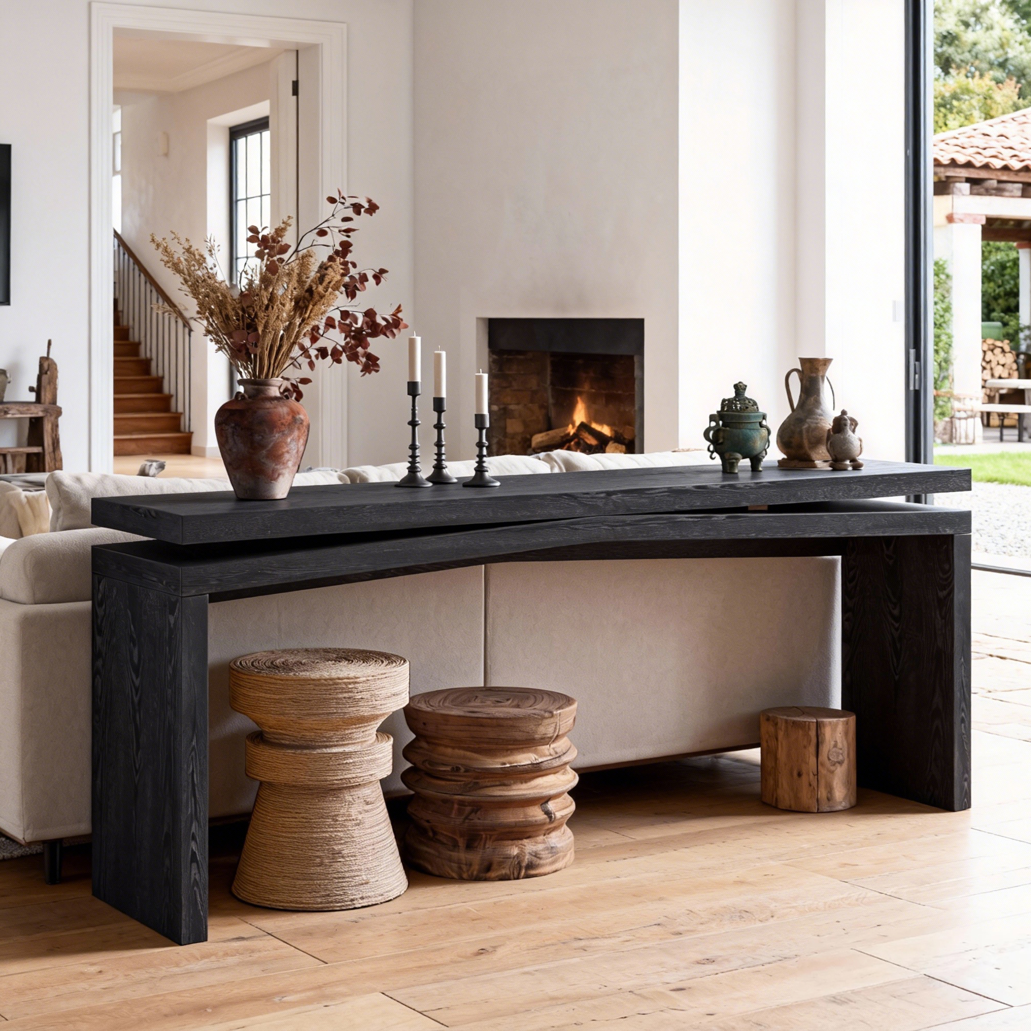 65-Inch Rustic Solid Wood Veneer Console Table, Long Farmhouse Entryway Sofa Table for Living Room, Hallway, Behind Couch, Apartment