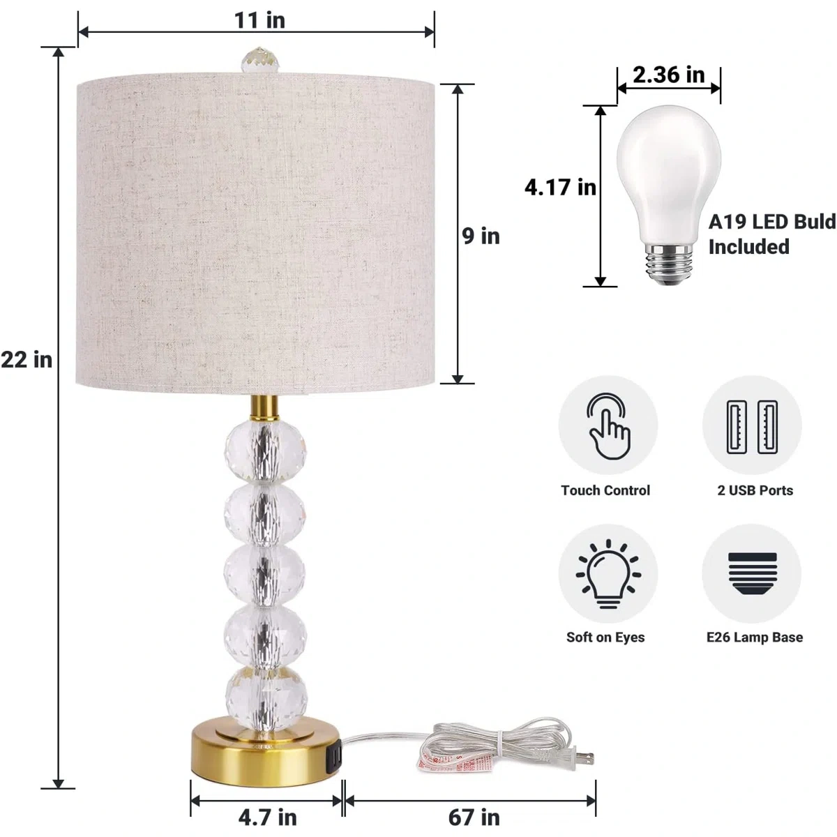 USB+touch dimming desk lamp Crystal ball & fabric lampshade desk lamp