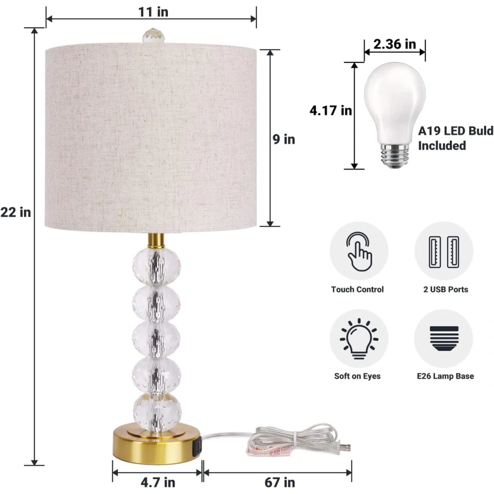 USB+touch dimming desk lamp Crystal ball & fabric lampshade desk lamp