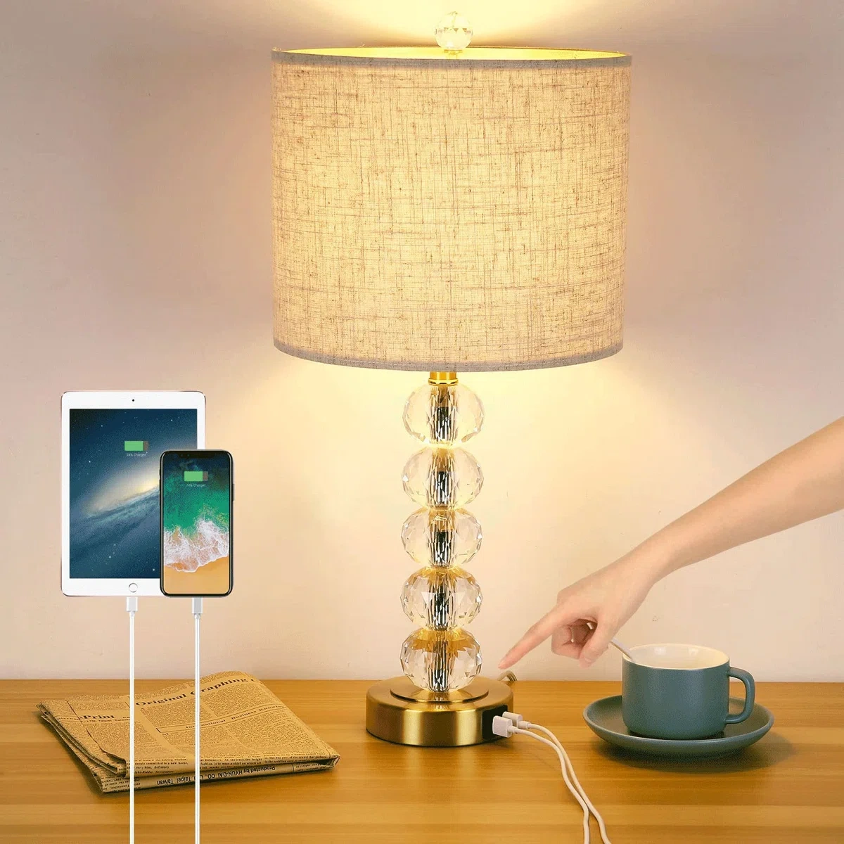 USB+touch dimming desk lamp Crystal ball & fabric lampshade desk lamp