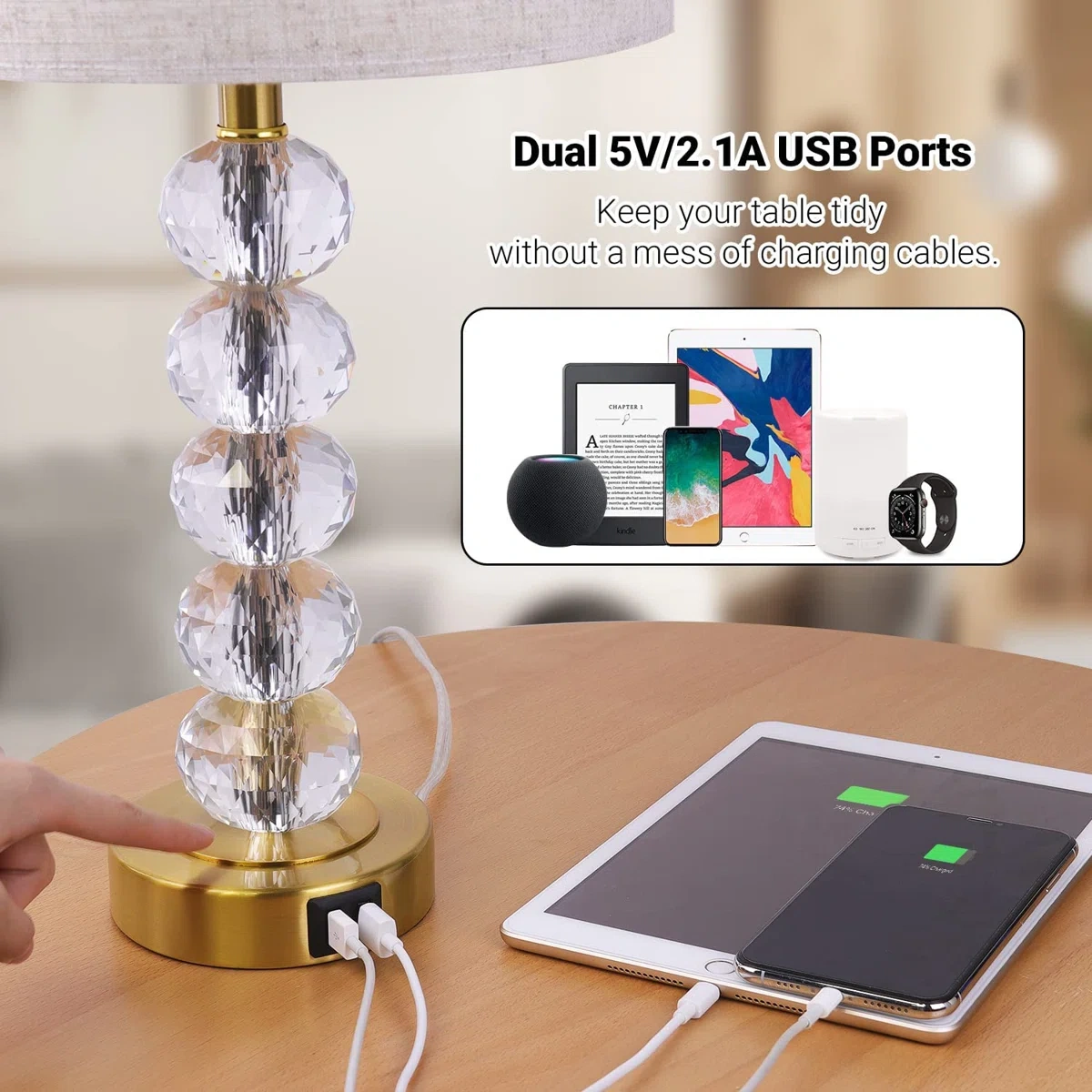 USB+touch dimming desk lamp Crystal ball & fabric lampshade desk lamp
