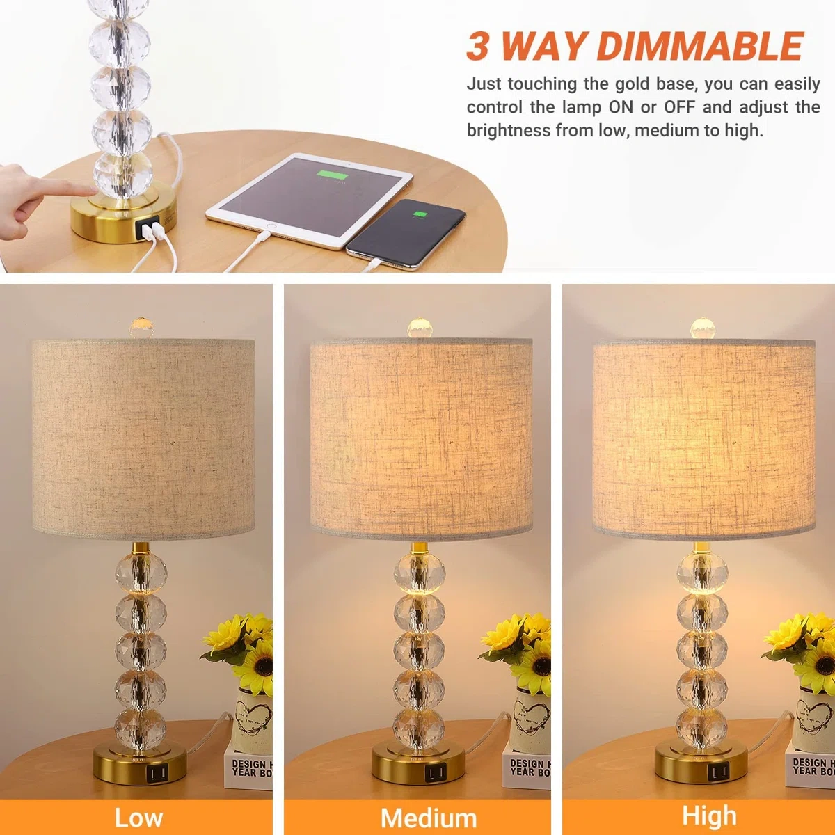 USB+touch dimming desk lamp Crystal ball & fabric lampshade desk lamp