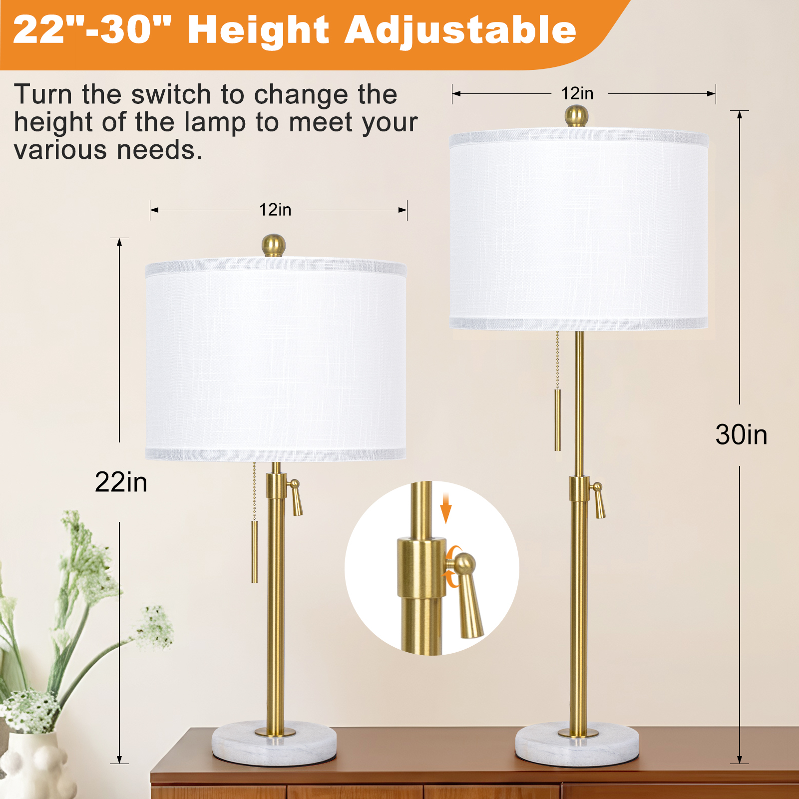 Marble Lift Function Table Lamp 30in-2Pack