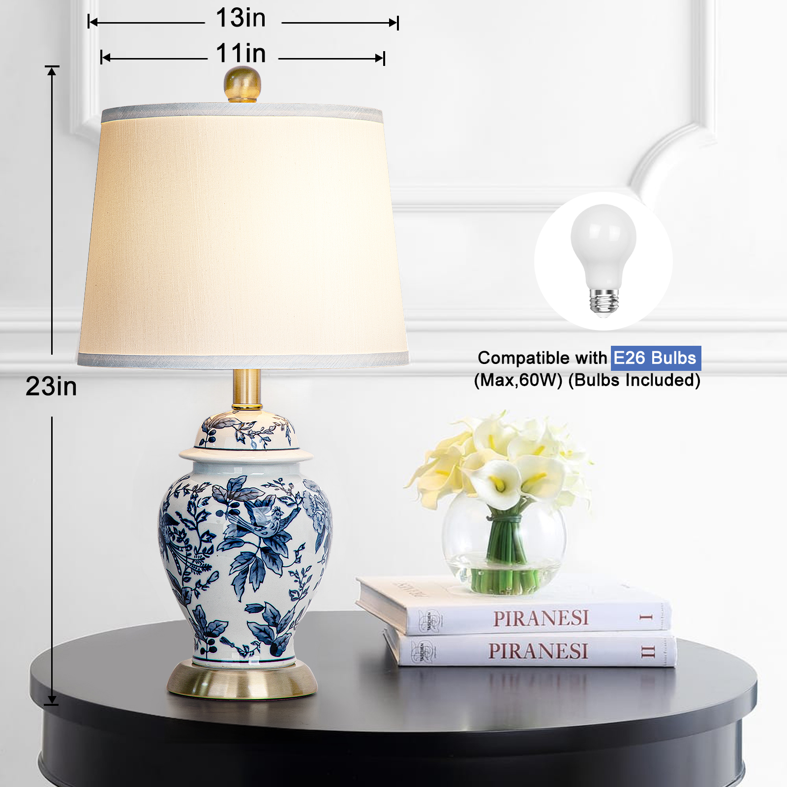 23 inch blue and white porcelain table lamp