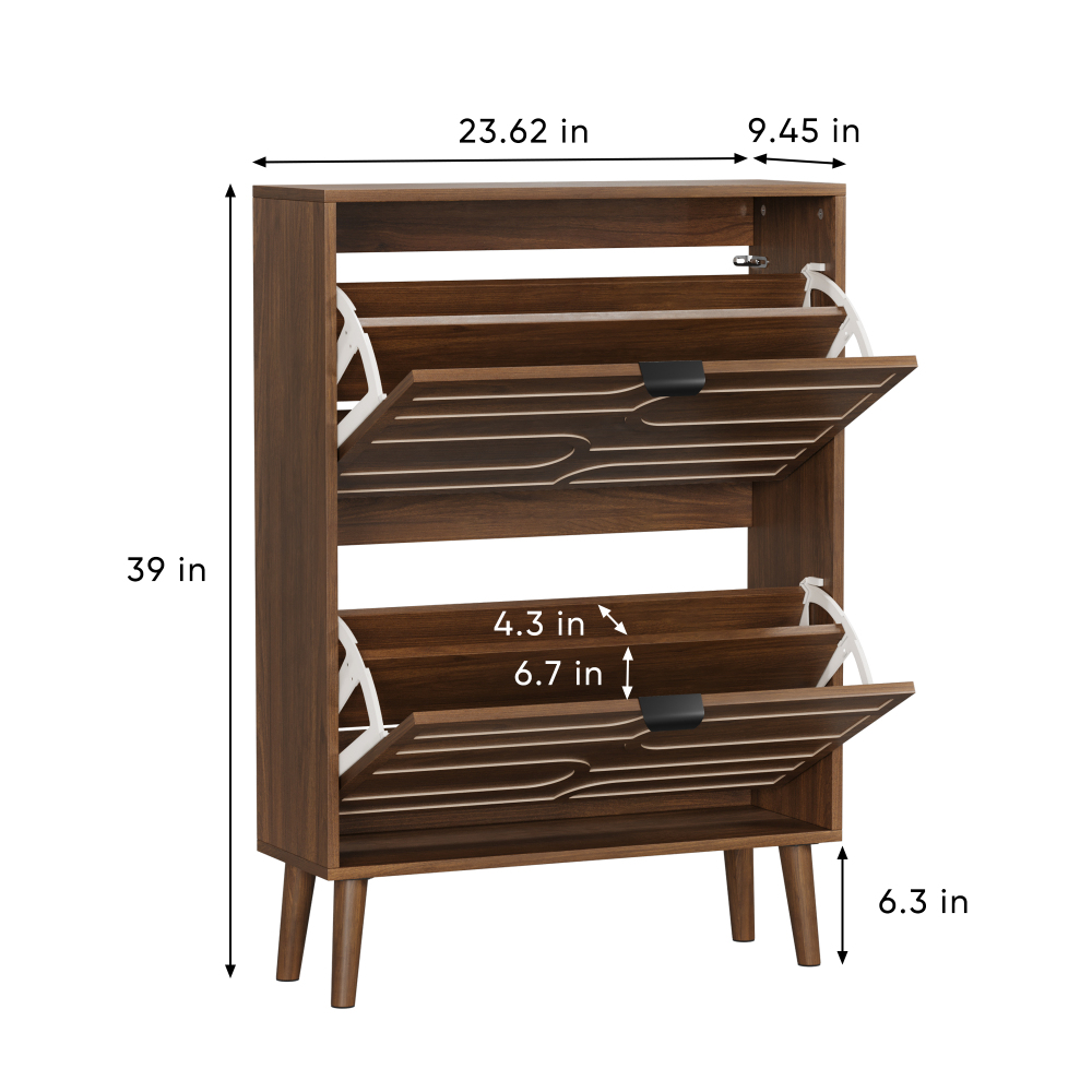 Medieval Modern Independent Shoe Cabinet, 31.5-inch Walnut Shoe Storage Cabinet,, Fence Shoe Cabinet with 2 Flip Drawers, Suitable For Corridors And Entrances