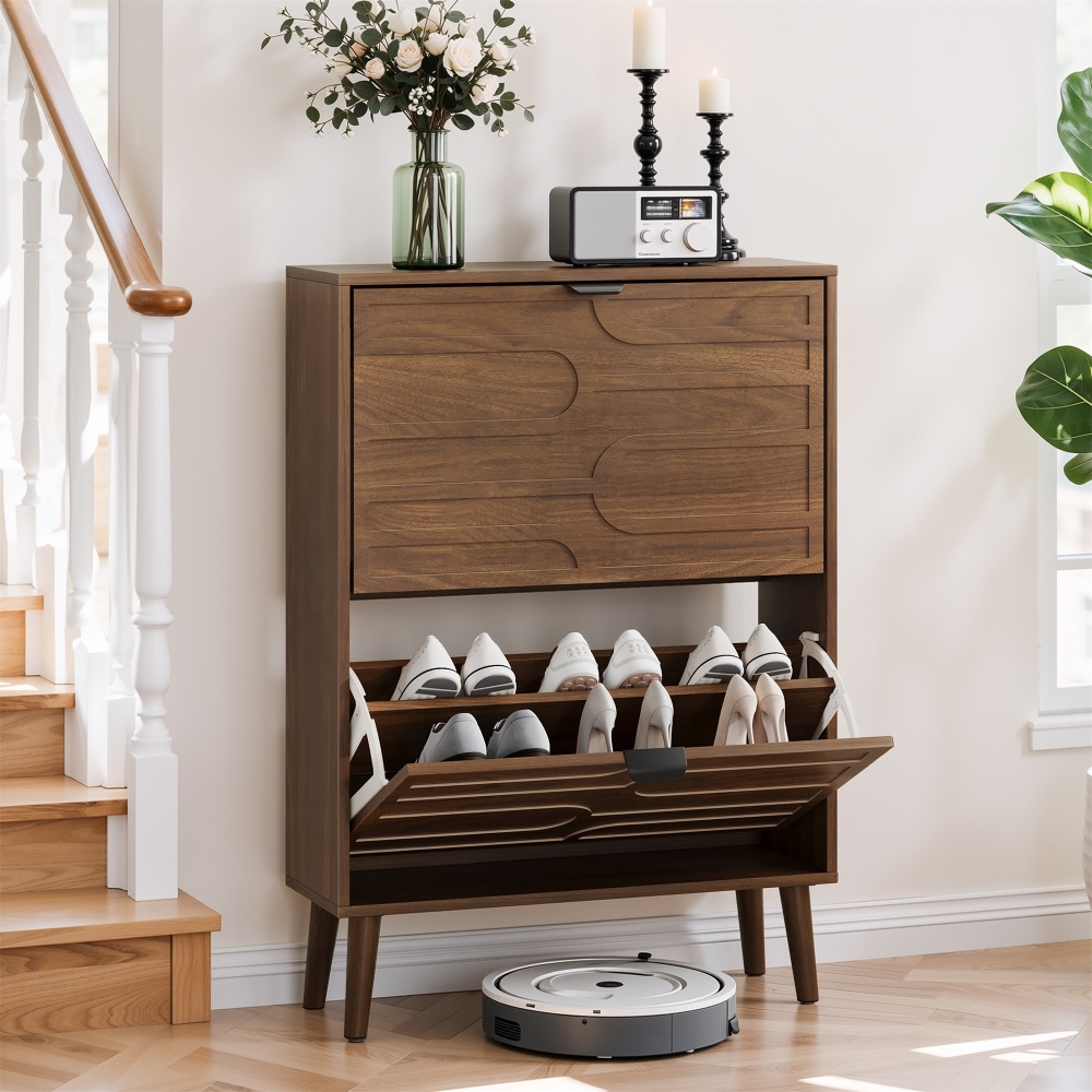 Medieval Modern Independent Shoe Cabinet, 31.5-inch Walnut Shoe Storage Cabinet,, Fence Shoe Cabinet with 2 Flip Drawers, Suitable For Corridors And Entrances