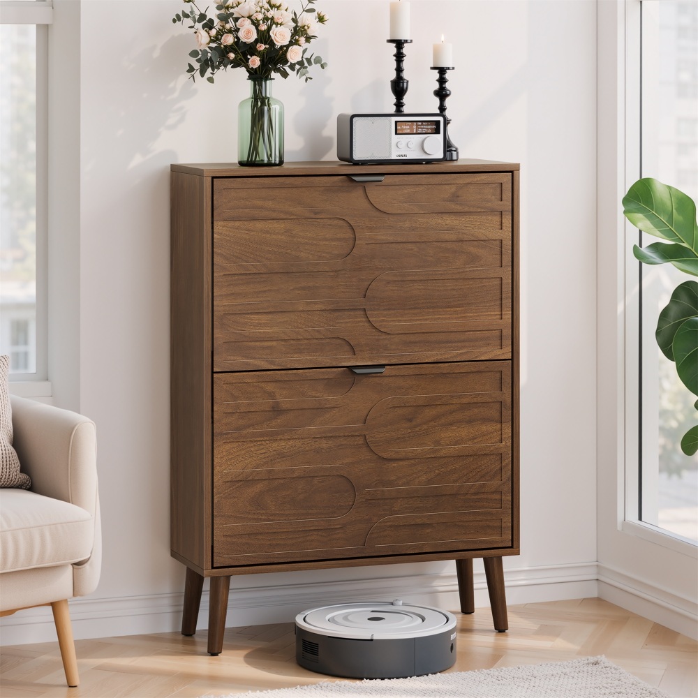 Medieval Modern Independent Shoe Cabinet, 31.5-inch Walnut Shoe Storage Cabinet,, Fence Shoe Cabinet with 2 Flip Drawers, Suitable For Corridors And Entrances