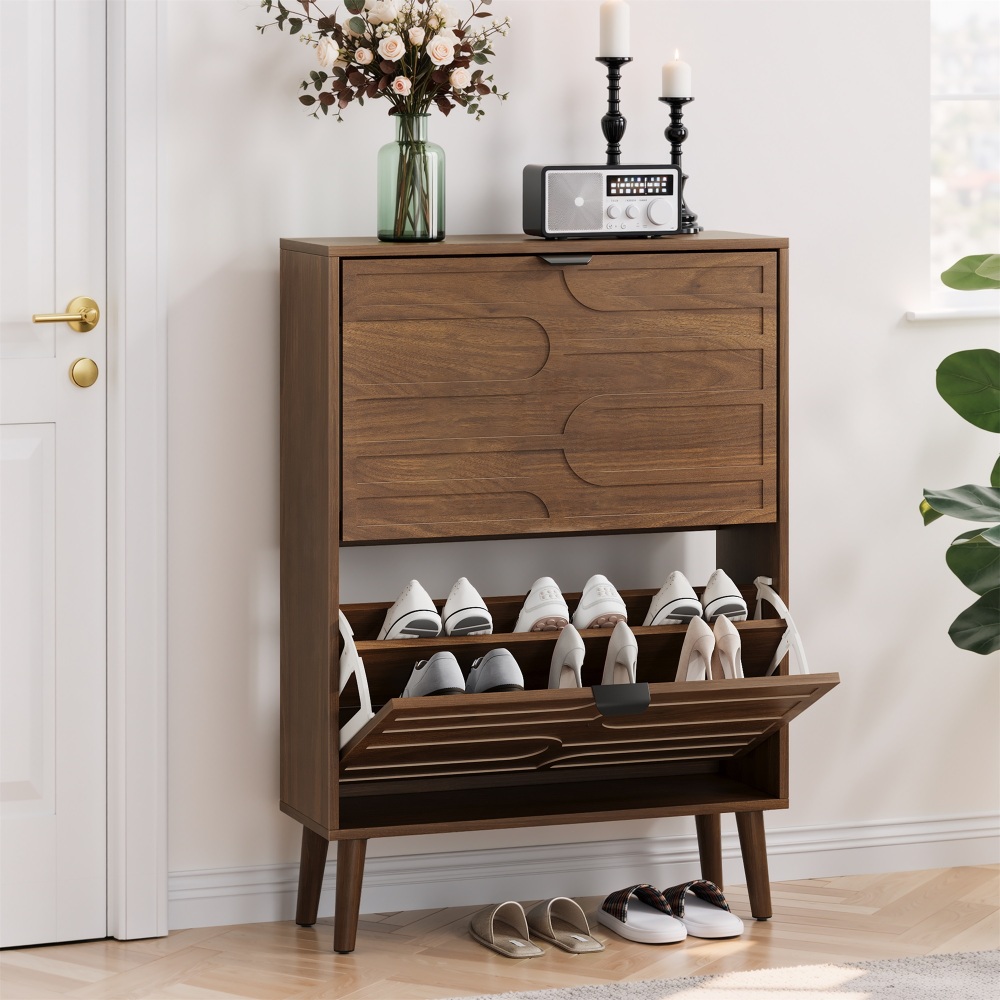 Medieval Modern Independent Shoe Cabinet, 31.5-inch Walnut Shoe Storage Cabinet,, Fence Shoe Cabinet with 2 Flip Drawers, Suitable For Corridors And Entrances