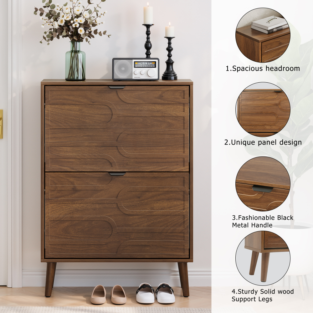 Medieval Modern Independent Shoe Cabinet, 31.5-inch Walnut Shoe Storage Cabinet,, Fence Shoe Cabinet with 2 Flip Drawers, Suitable For Corridors And Entrances