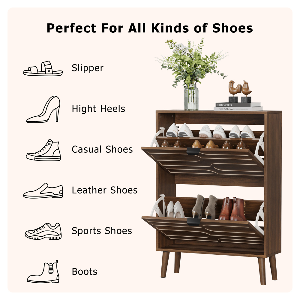 Medieval Modern Independent Shoe Cabinet, 31.5-inch Walnut Shoe Storage Cabinet,, Fence Shoe Cabinet with 2 Flip Drawers, Suitable For Corridors And Entrances