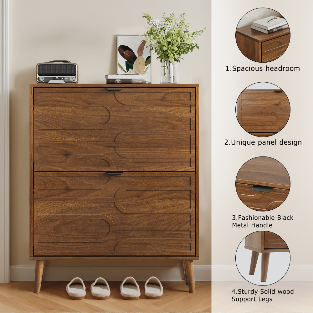 Medieval Modern Independent Shoe Cabinet, 31.5-inch Walnut Shoe Storage Cabinet,, Fence Shoe Cabinet with 2 Flip Drawers, Suitable For Corridors And Entrances