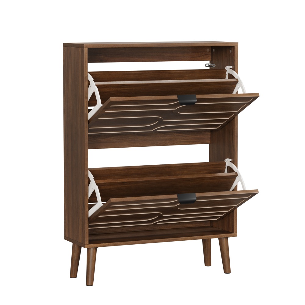 Medieval Modern Independent Shoe Cabinet, 31.5-inch Walnut Shoe Storage Cabinet,, Fence Shoe Cabinet with 2 Flip Drawers, Suitable For Corridors And Entrances