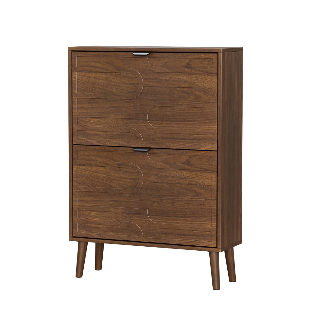 Medieval Modern Independent Shoe Cabinet, 31.5-inch Walnut Shoe Storage Cabinet,, Fence Shoe Cabinet with 2 Flip Drawers, Suitable For Corridors And Entrances