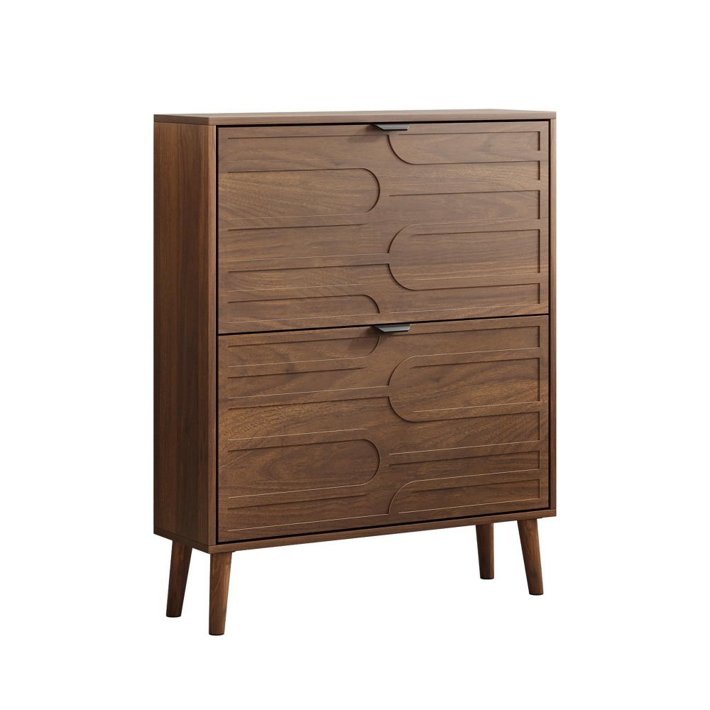 Medieval Modern Independent Shoe Cabinet, 31.5-inch Walnut Shoe Storage Cabinet,, Fence Shoe Cabinet with 2 Flip Drawers, Suitable For Corridors And Entrances