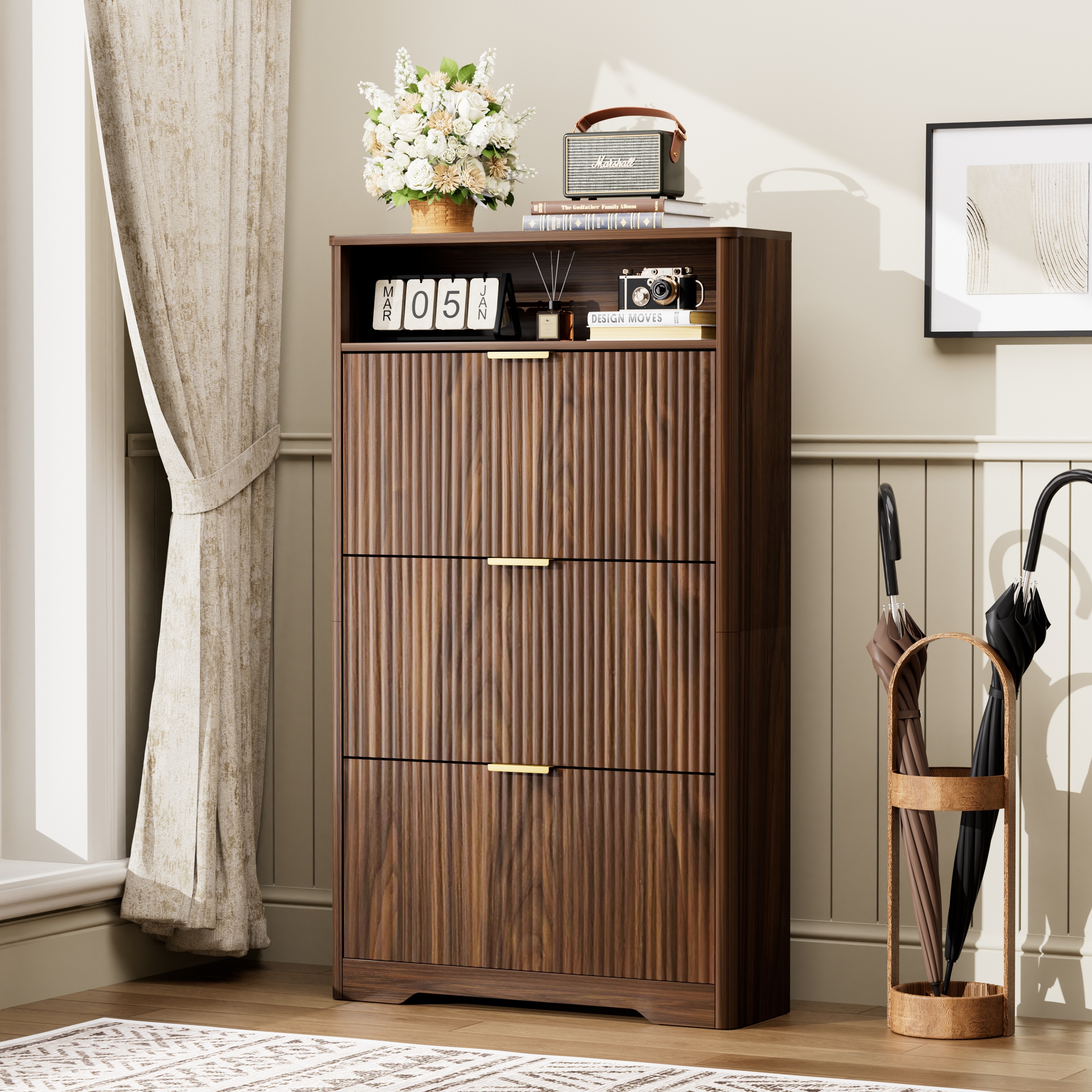 Shoe Cabinet Storage for Entryway Hidden Shoes Storage Cabinet with 3 Flip Drawers, Tall Free Standing Shoe Organizer Rack for Foyer, Hallway. Natural,31.6'' L x 9.6'' W x 54.4'' H.