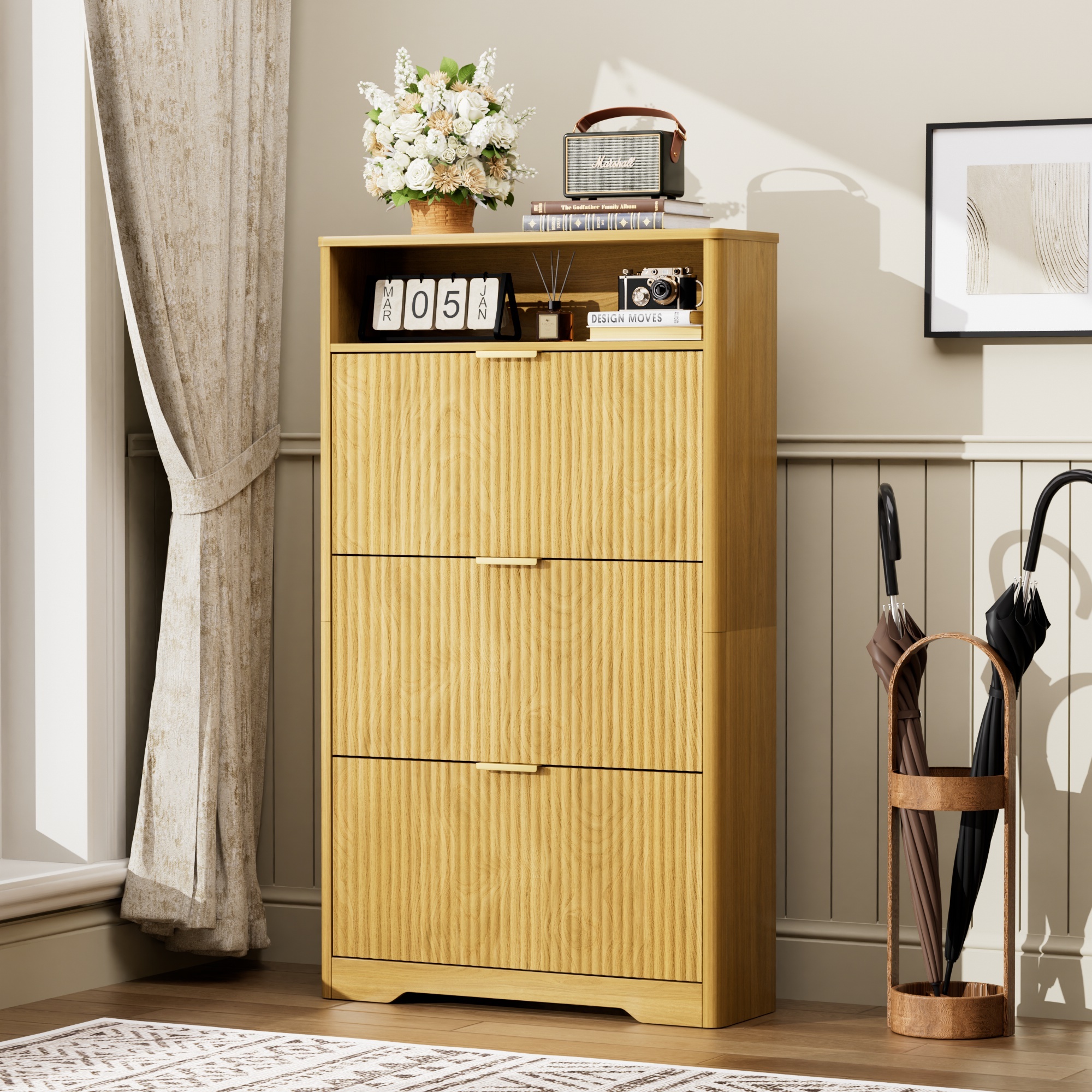 Shoe Cabinet Storage for Entryway Hidden Shoes Storage Cabinet with 3 Flip Drawers, Tall Free Standing Shoe Organizer Rack for Foyer, Hallway. Natural,31.6'' L x 9.6'' W x 54.4'' H.