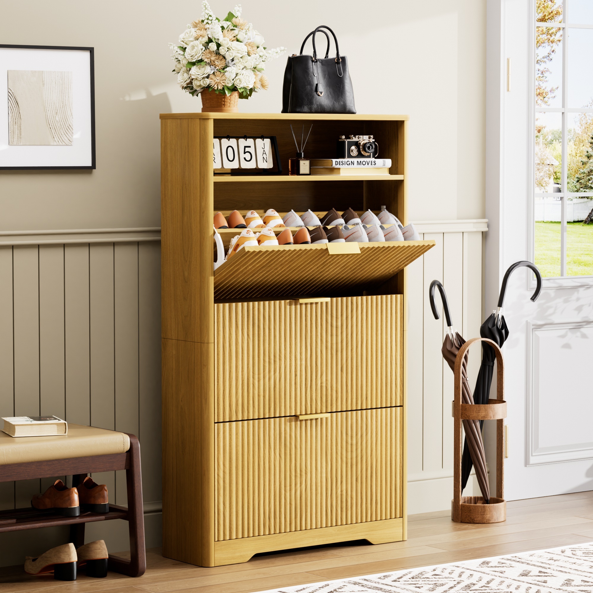 Shoe Cabinet Storage for Entryway Hidden Shoes Storage Cabinet with 3 Flip Drawers, Tall Free Standing Shoe Organizer Rack for Foyer, Hallway. Natural,31.6'' L x 9.6'' W x 54.4'' H.