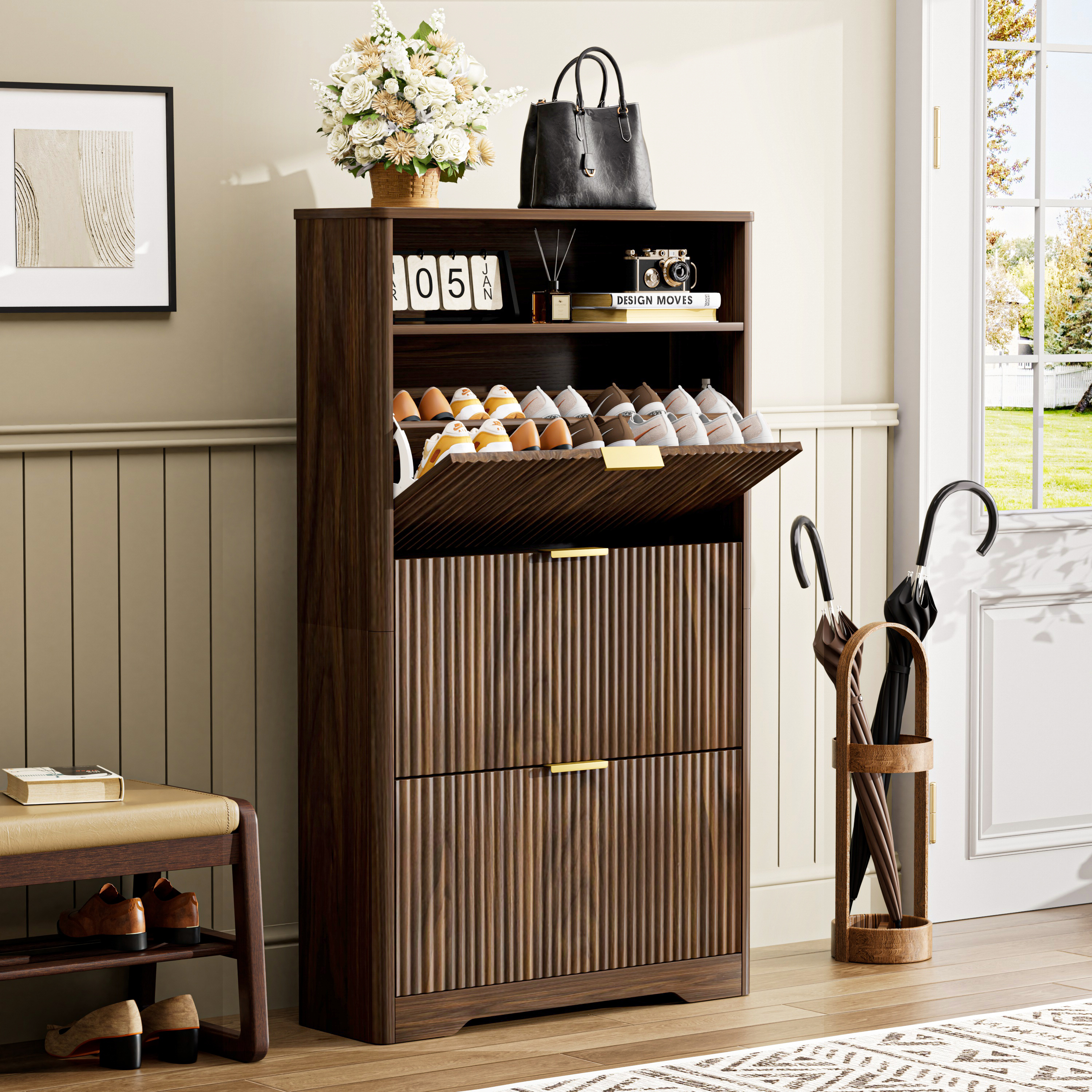 Shoe Cabinet Storage for Entryway Hidden Shoes Storage Cabinet with 3 Flip Drawers, Tall Free Standing Shoe Organizer Rack for Foyer, Hallway. Natural,31.6'' L x 9.6'' W x 54.4'' H.