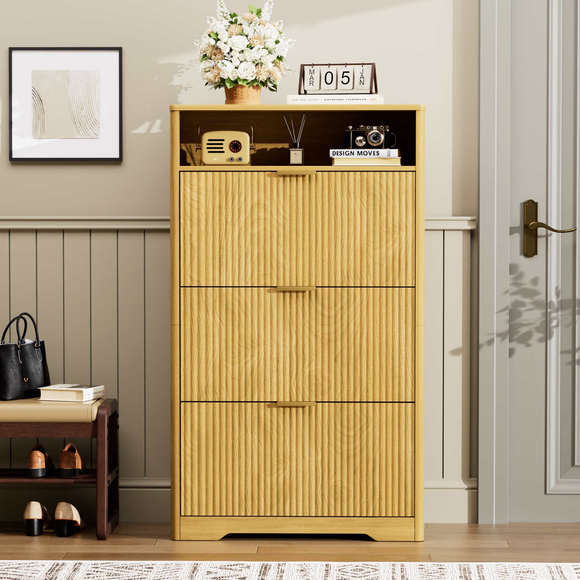 Shoe Cabinet Storage for Entryway Hidden Shoes Storage Cabinet with 3 Flip Drawers, Tall Free Standing Shoe Organizer Rack for Foyer, Hallway. Natural,31.6'' L x 9.6'' W x 54.4'' H.