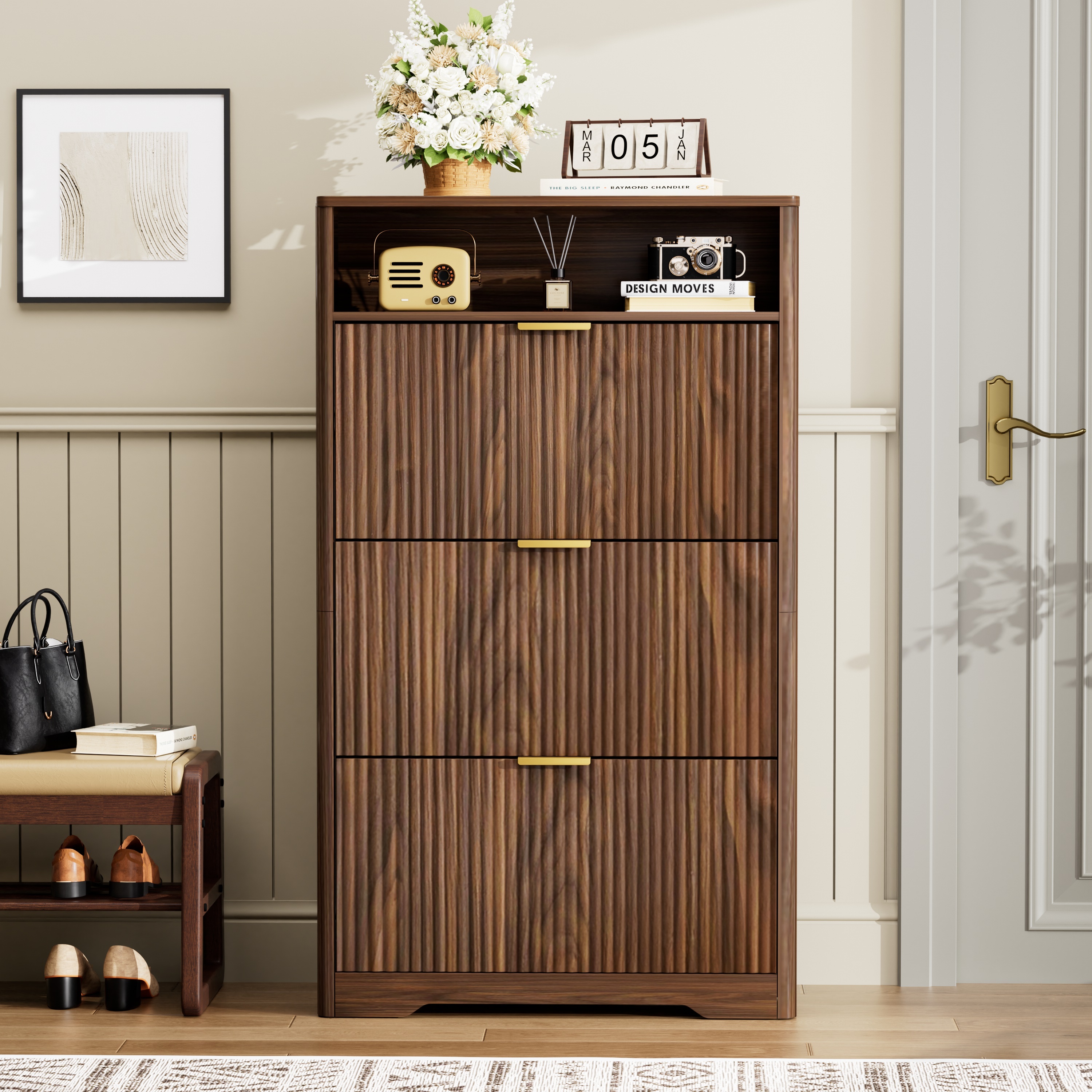 Shoe Cabinet Storage for Entryway Hidden Shoes Storage Cabinet with 3 Flip Drawers, Tall Free Standing Shoe Organizer Rack for Foyer, Hallway. Natural,31.6'' L x 9.6'' W x 54.4'' H.