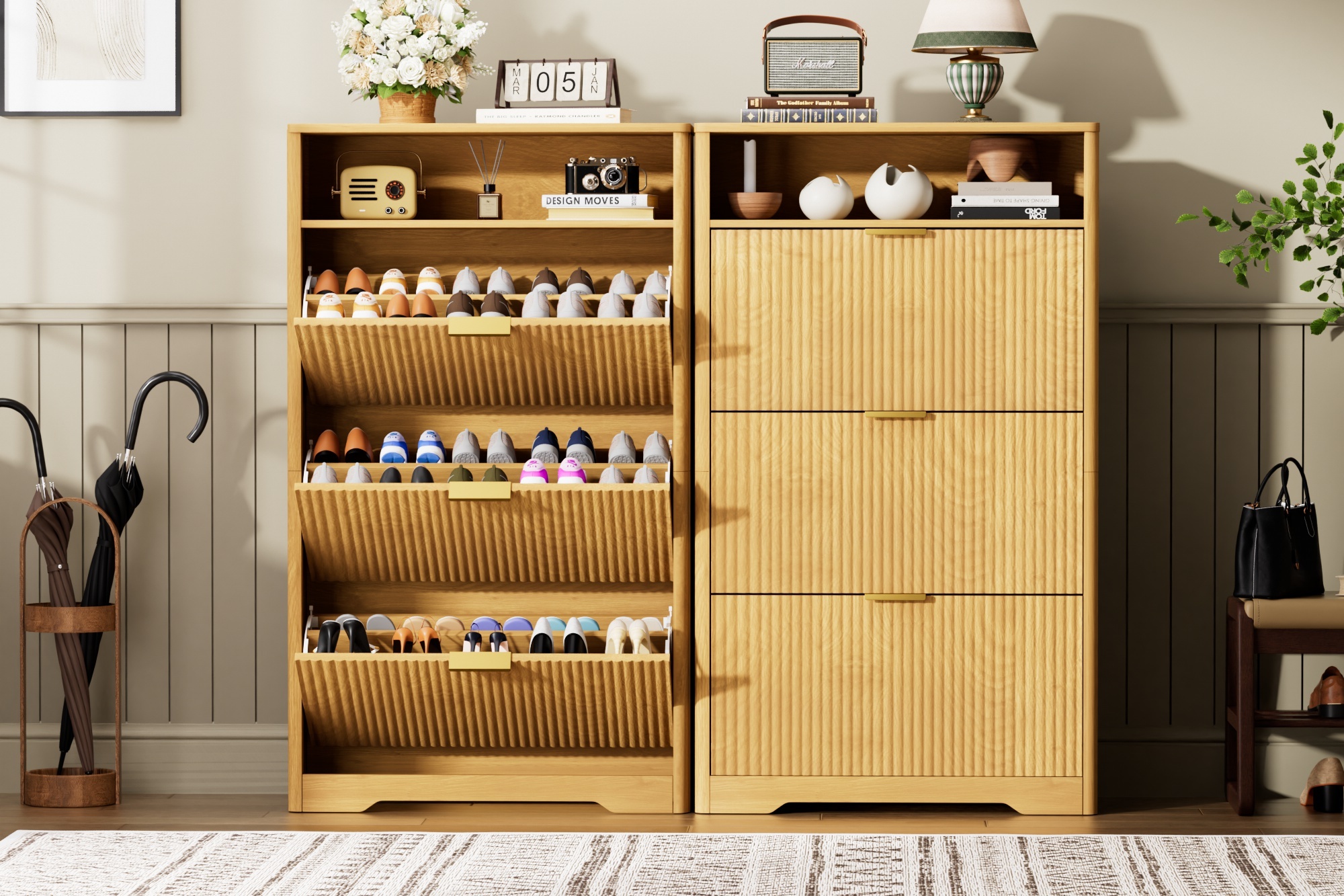 Shoe Cabinet Storage for Entryway Hidden Shoes Storage Cabinet with 3 Flip Drawers, Tall Free Standing Shoe Organizer Rack for Foyer, Hallway. Natural,31.6'' L x 9.6'' W x 54.4'' H.