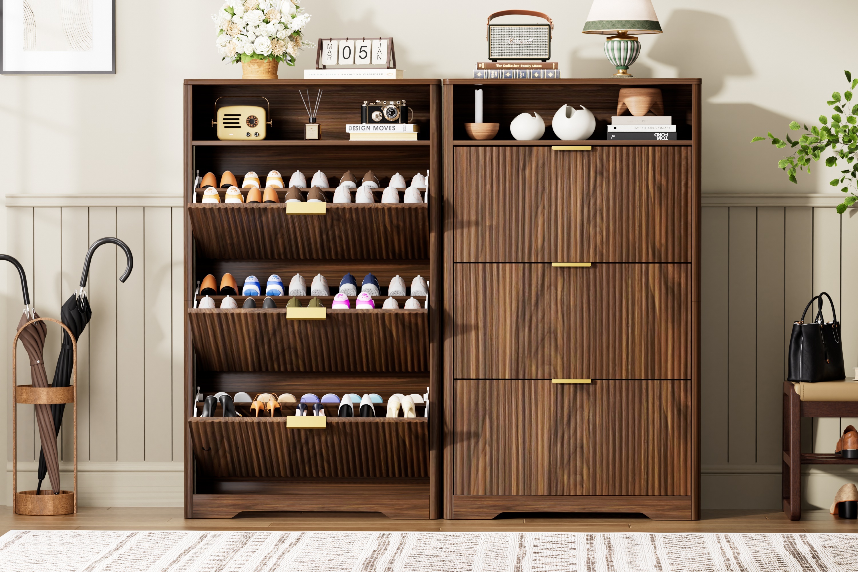 Shoe Cabinet Storage for Entryway Hidden Shoes Storage Cabinet with 3 Flip Drawers, Tall Free Standing Shoe Organizer Rack for Foyer, Hallway. Natural,31.6'' L x 9.6'' W x 54.4'' H.