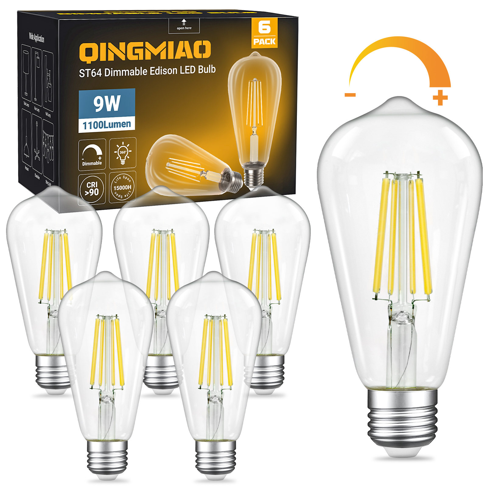 Dimmable LED Edison Bulbs, ST64 E26 Base LED Light Bulbs, Vintage Clear Glass LED Filament Bulb for Home Lamp, Wall Sconce, Chandelier, 6 Pack