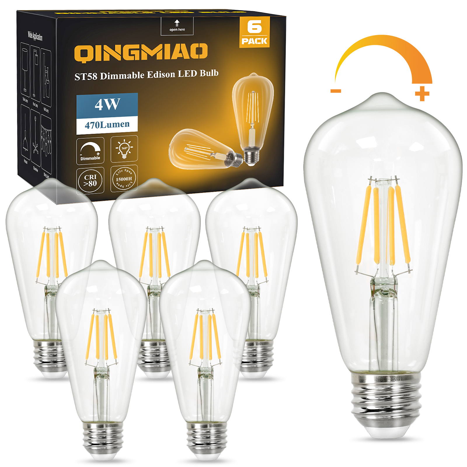 Vintage LED Edison Bulbs, ST58 Dimmable LED Bulb, Antique LED Filament Bulbs, CRI 80+, Flicker Free, No Glare, Clear Glass, Pack of 6