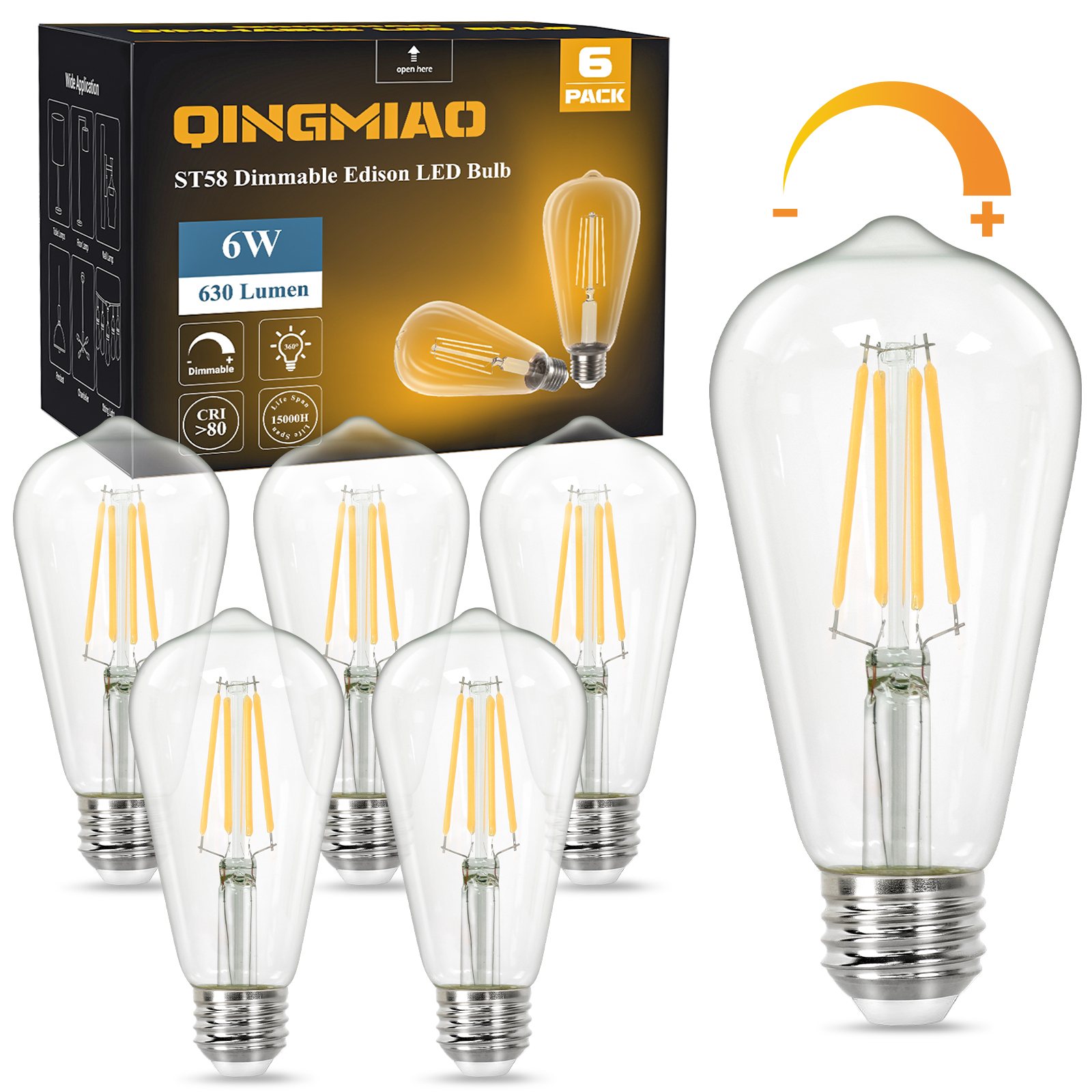 Vintage LED Edison Bulbs, ST58 Dimmable LED Bulb, Antique LED Filament Bulbs, CRI 80+, Flicker Free, No Glare, Clear Glass, Pack of 6