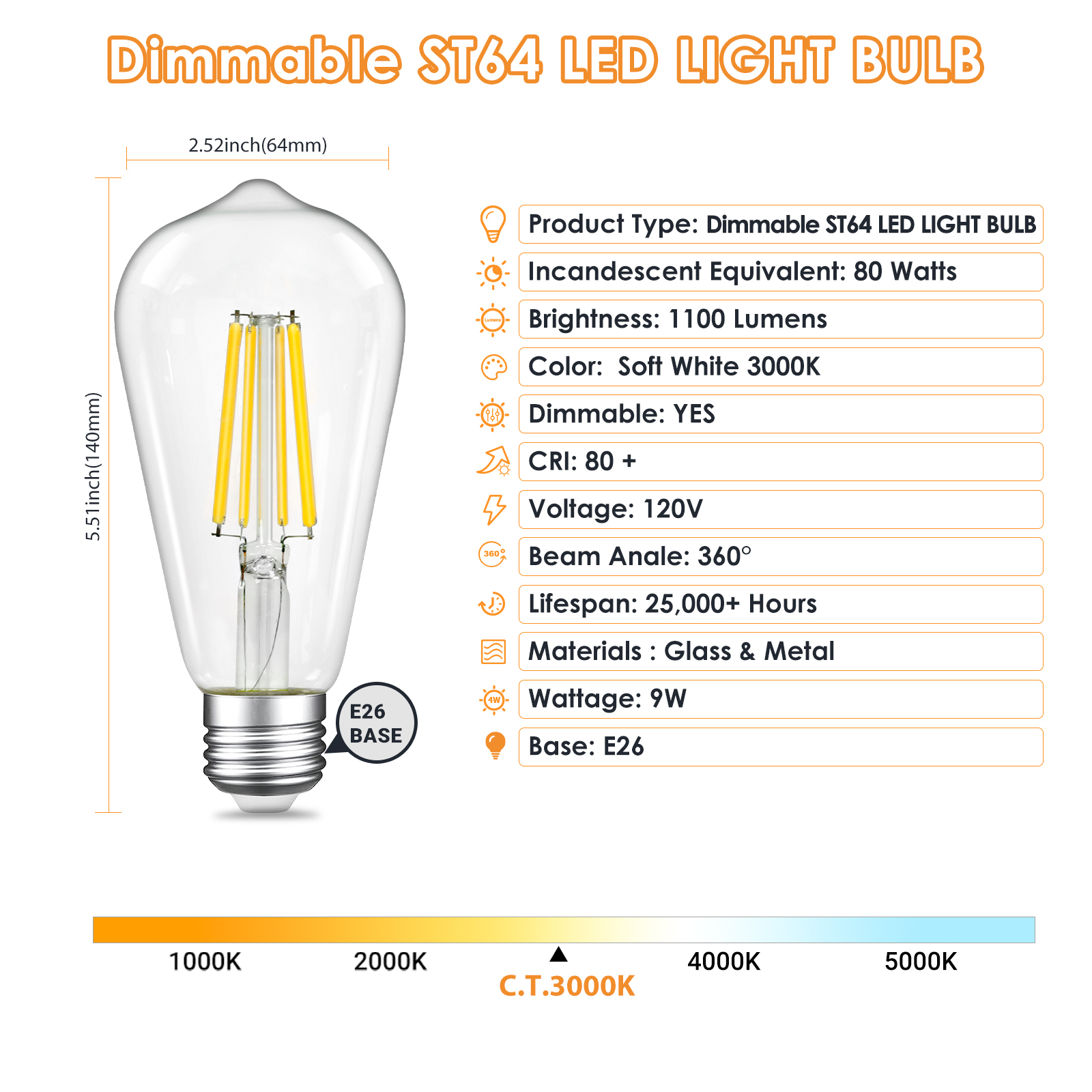 Dimmable LED Edison Bulbs, ST64 E26 Base LED Light Bulbs, Vintage Clear Glass LED Filament Bulb for Home Lamp, Wall Sconce, Chandelier, 6 Pack
