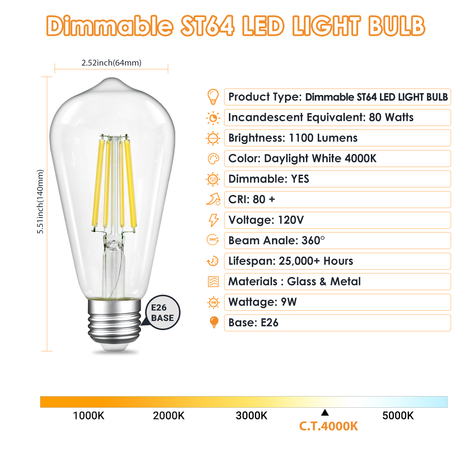 Dimmable LED Edison Bulbs, ST64 E26 Base LED Light Bulbs, Vintage Clear Glass LED Filament Bulb for Home Lamp, Wall Sconce, Chandelier, 6 Pack