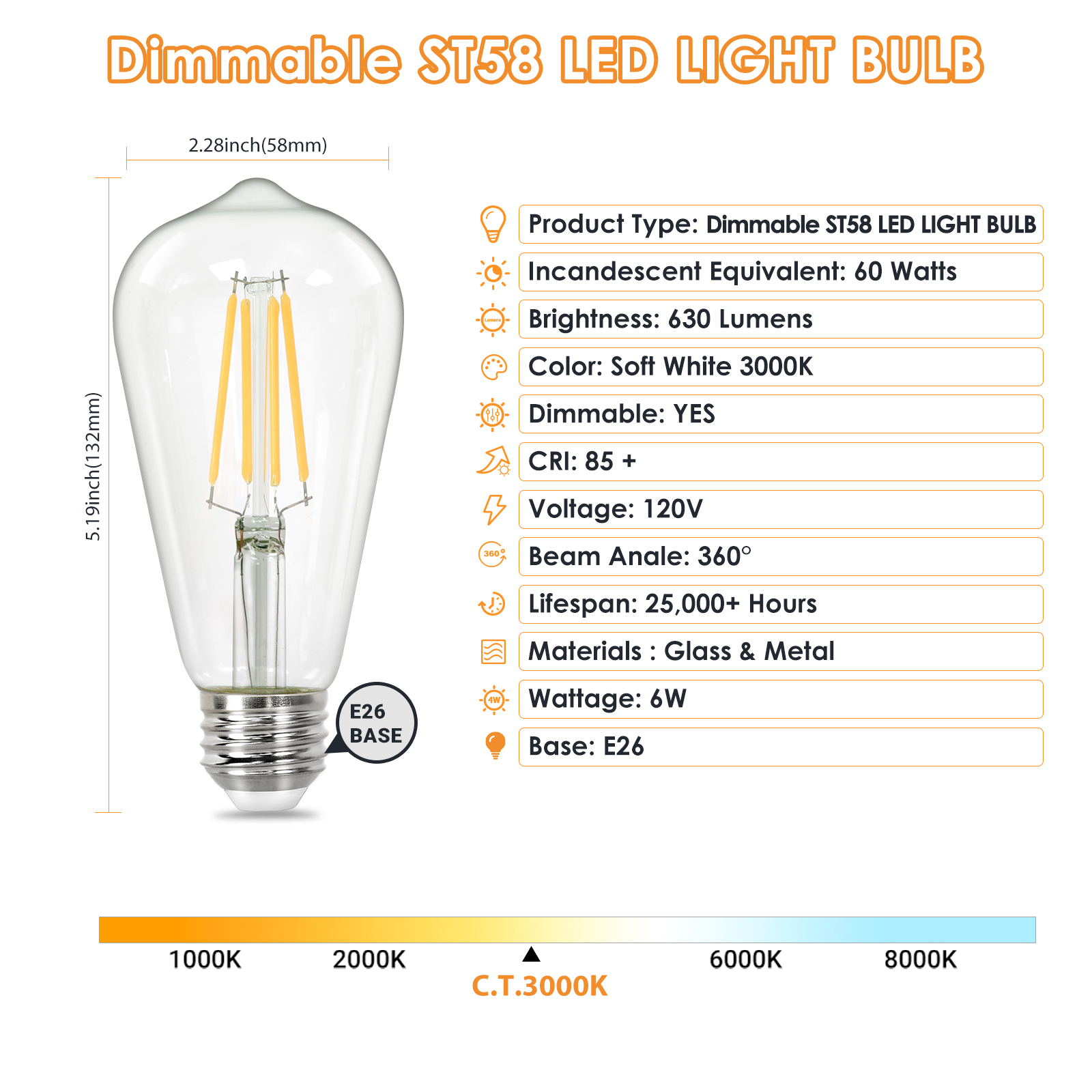Vintage LED Edison Bulbs, ST58 Dimmable LED Bulb, Antique LED Filament Bulbs, CRI 80+, Flicker Free, No Glare, Clear Glass, Pack of 6