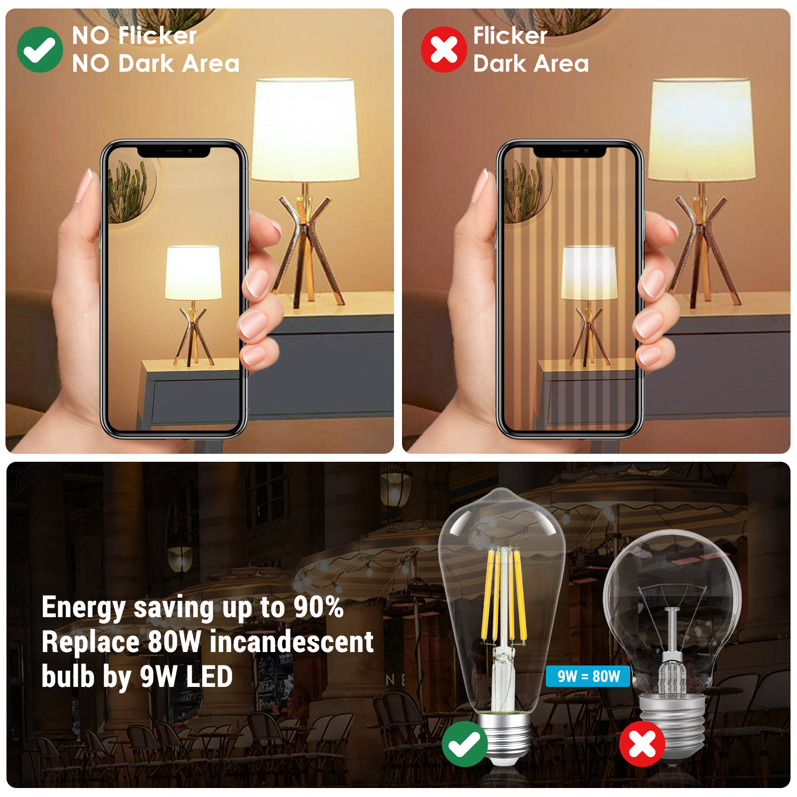 Dimmable LED Edison Bulbs, ST64 E26 Base LED Light Bulbs, Vintage Clear Glass LED Filament Bulb for Home Lamp, Wall Sconce, Chandelier, 6 Pack