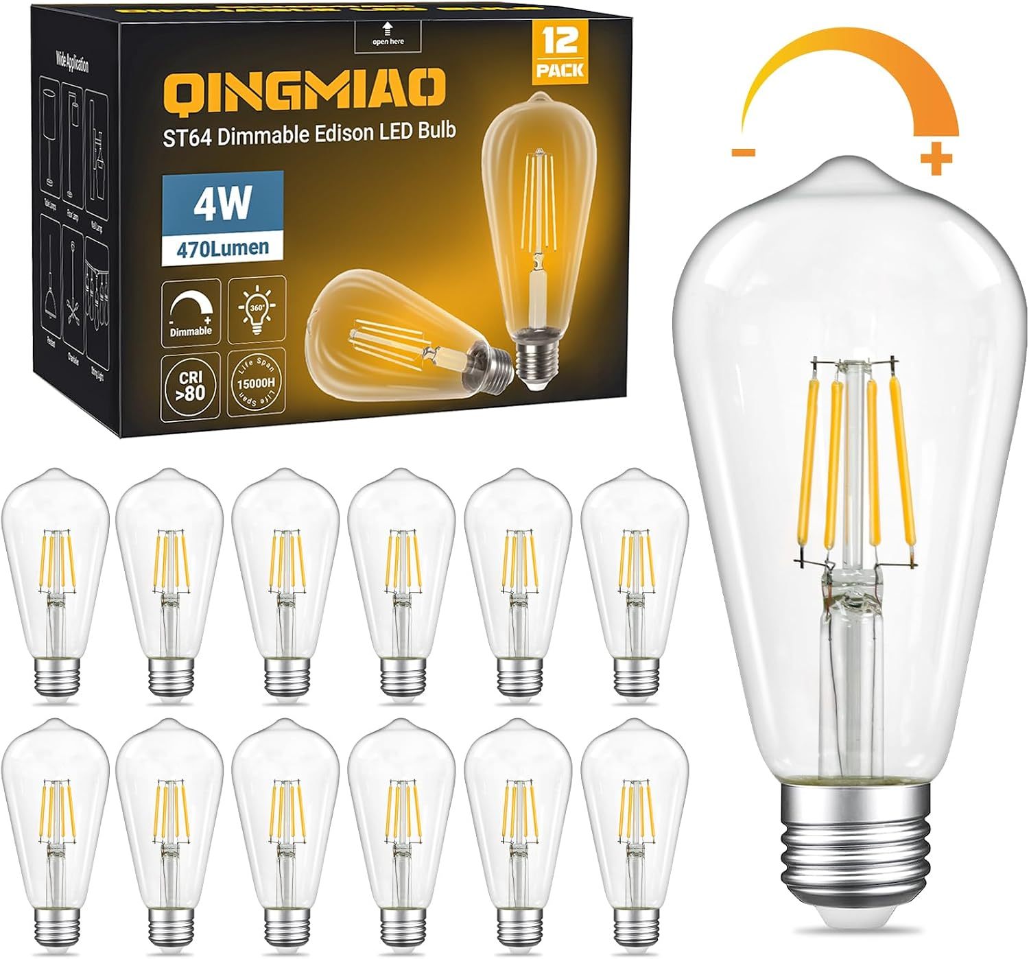 Vintage LED Edison Bulbs, ST58 Dimmable LED Bulb, Antique LED Filament Bulbs, CRI 80+, Flicker Free, No Glare, Clear Glass, Pack of 6