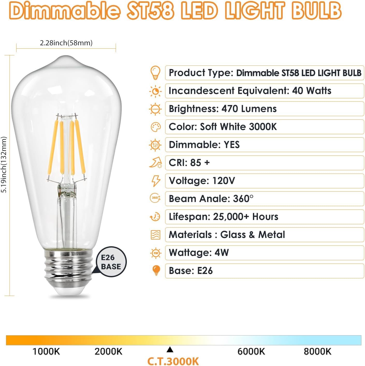 Vintage LED Edison Bulbs, ST58 Dimmable LED Bulb, Antique LED Filament Bulbs, CRI 80+, Flicker Free, No Glare, Clear Glass, Pack of 6
