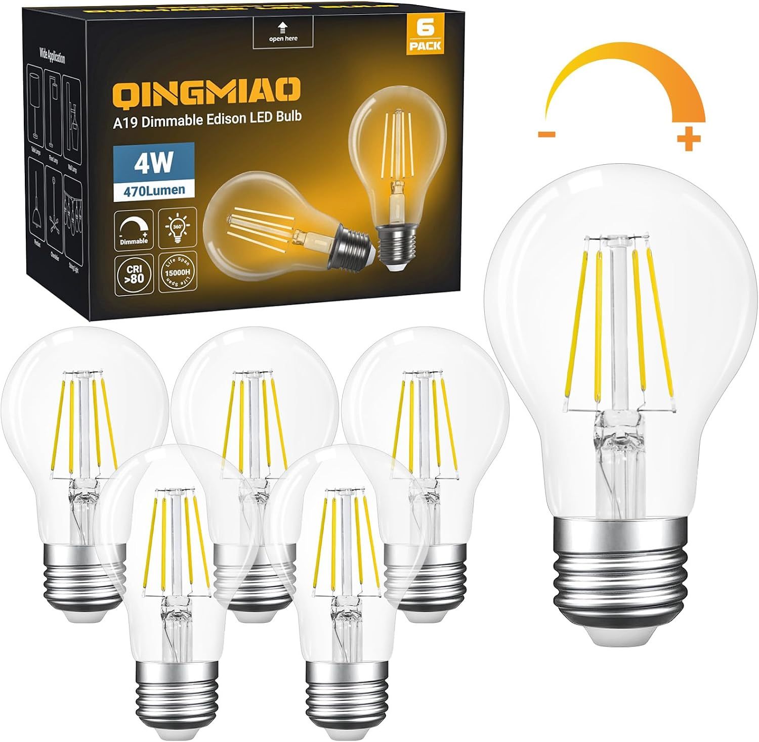 A19 E26 Base Dimmable Edison LED Bulb, Vintage Clear Glass LED Filament Bulb for Home, Wall Sconce, Chandelier, 6 Pack