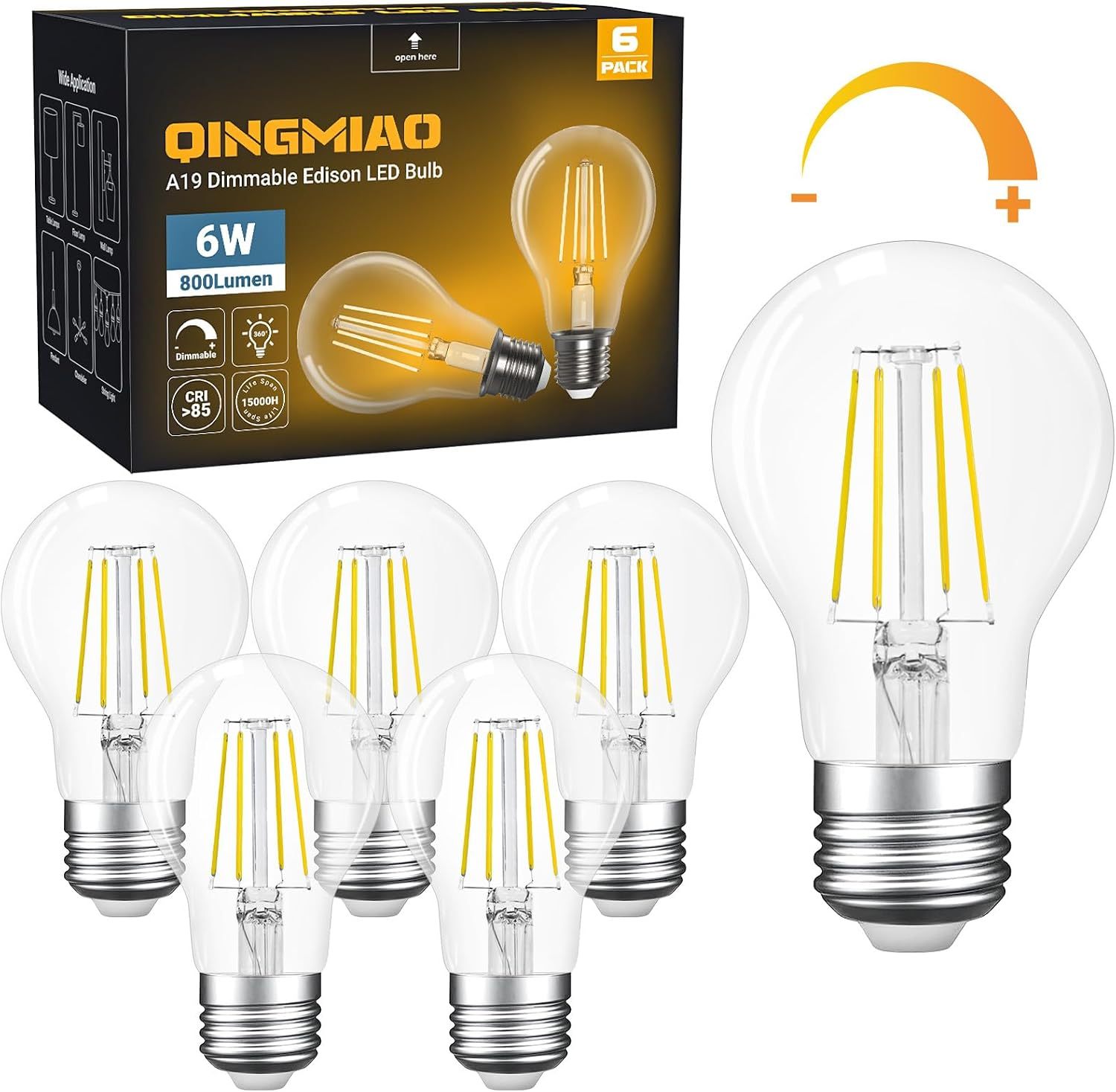 A19 E26 Base Dimmable Edison LED Bulb, Vintage Clear Glass LED Filament Bulb for Home, Wall Sconce, Chandelier, 6 Pack