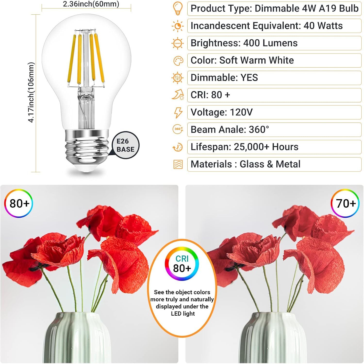 A19 E26 Base Dimmable Edison LED Bulb, Vintage Clear Glass LED Filament Bulb for Home, Wall Sconce, Chandelier, 6 Pack