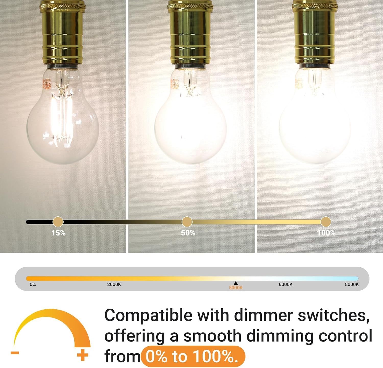A19 E26 Base Dimmable Edison LED Bulb, Vintage Clear Glass LED Filament Bulb for Home, Wall Sconce, Chandelier, 6 Pack