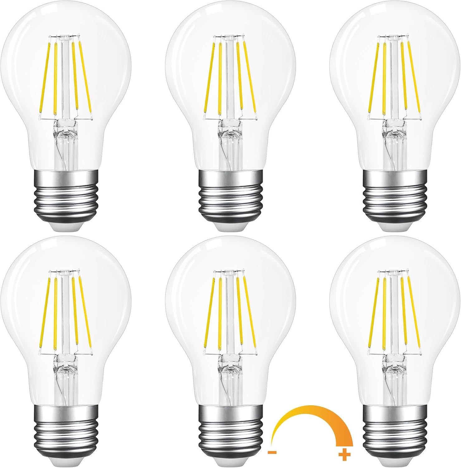 A19 E26 Base Dimmable Edison LED Bulb, Vintage Clear Glass LED Filament Bulb for Home, Wall Sconce, Chandelier, 6 Pack