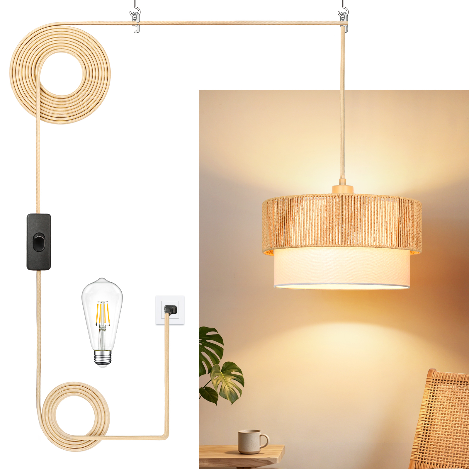 Rattan lampshade & cloth lampshade hanging lamp